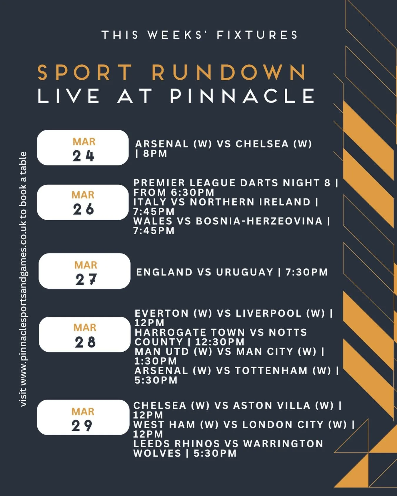 International break? No problem at Pinnacle!

We&rsquo;ve still got a HUGE week of live sport lined up for you&hellip; 🙌 From the Women&rsquo;s Super League to Darts and Leeds Rhinos action 🏉🎯

Grab your mates, lock in your spot &amp; catch every 