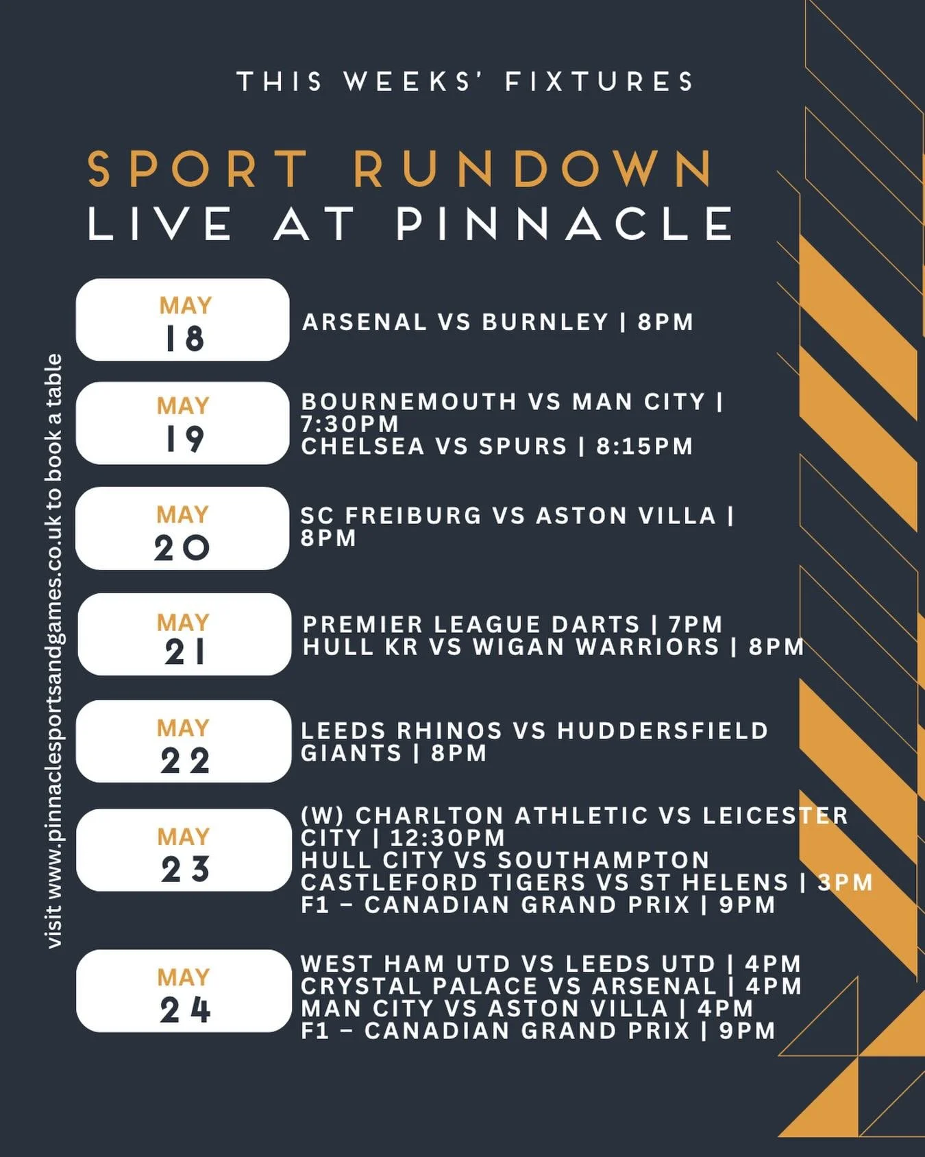 The sporting action doesn&rsquo;t stop at Pinnacle this week 👀🔥

🏆 Europa League Final takes centre stage on Wednesday ⚽ Premier League action all week long 💛💙Leeds Utd return on Bank Holiday Sunday 🏉 Friday night Yorkshire derby as Rhinos take