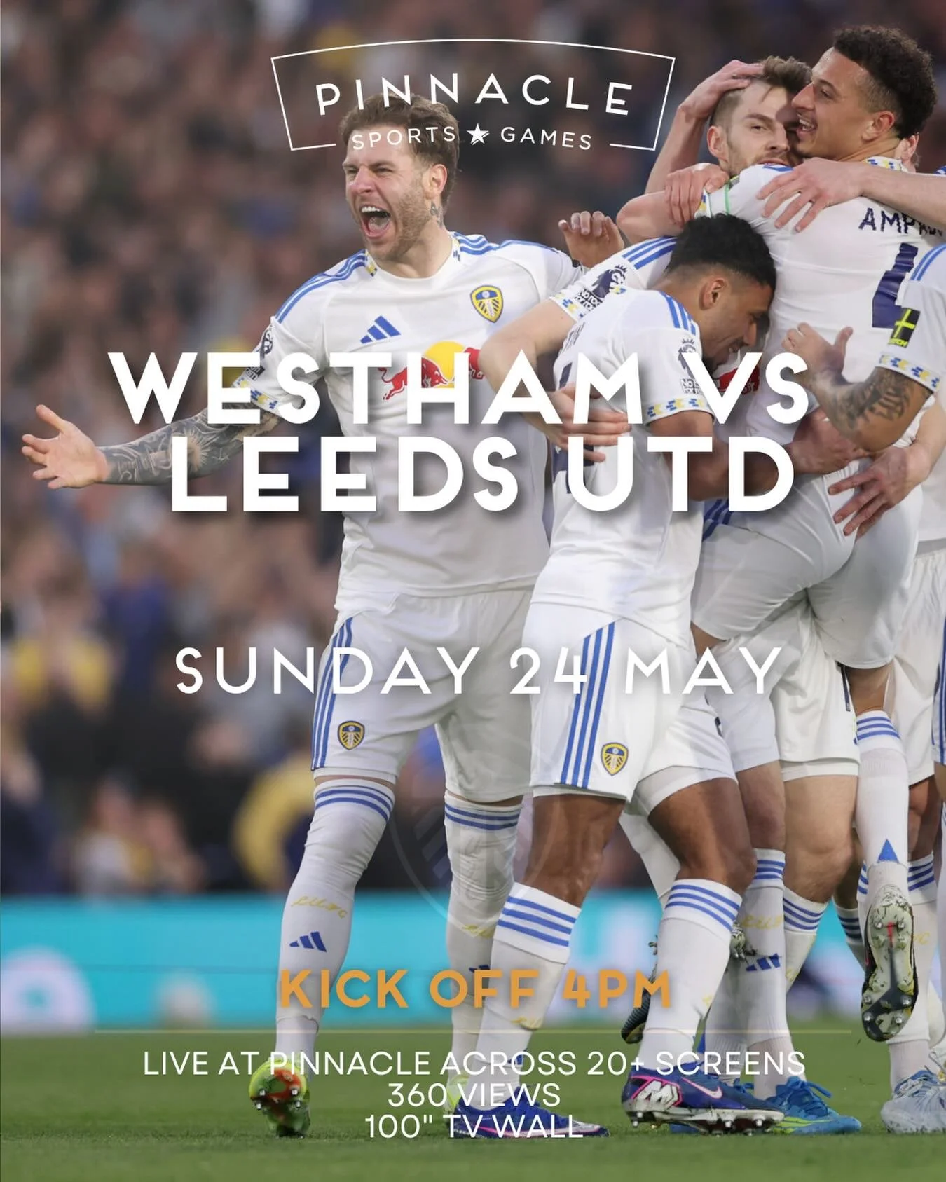 ⚽ LEEDS SEASON FINALE ⚽

One last Premier League game. Leeds Utd vs West Ham. Kick-off at 4PM 👀

Don&rsquo;t be the one who missed the final game of the season&hellip; catch every minute live at Pinnacle with big screens, matchday atmosphere and ice