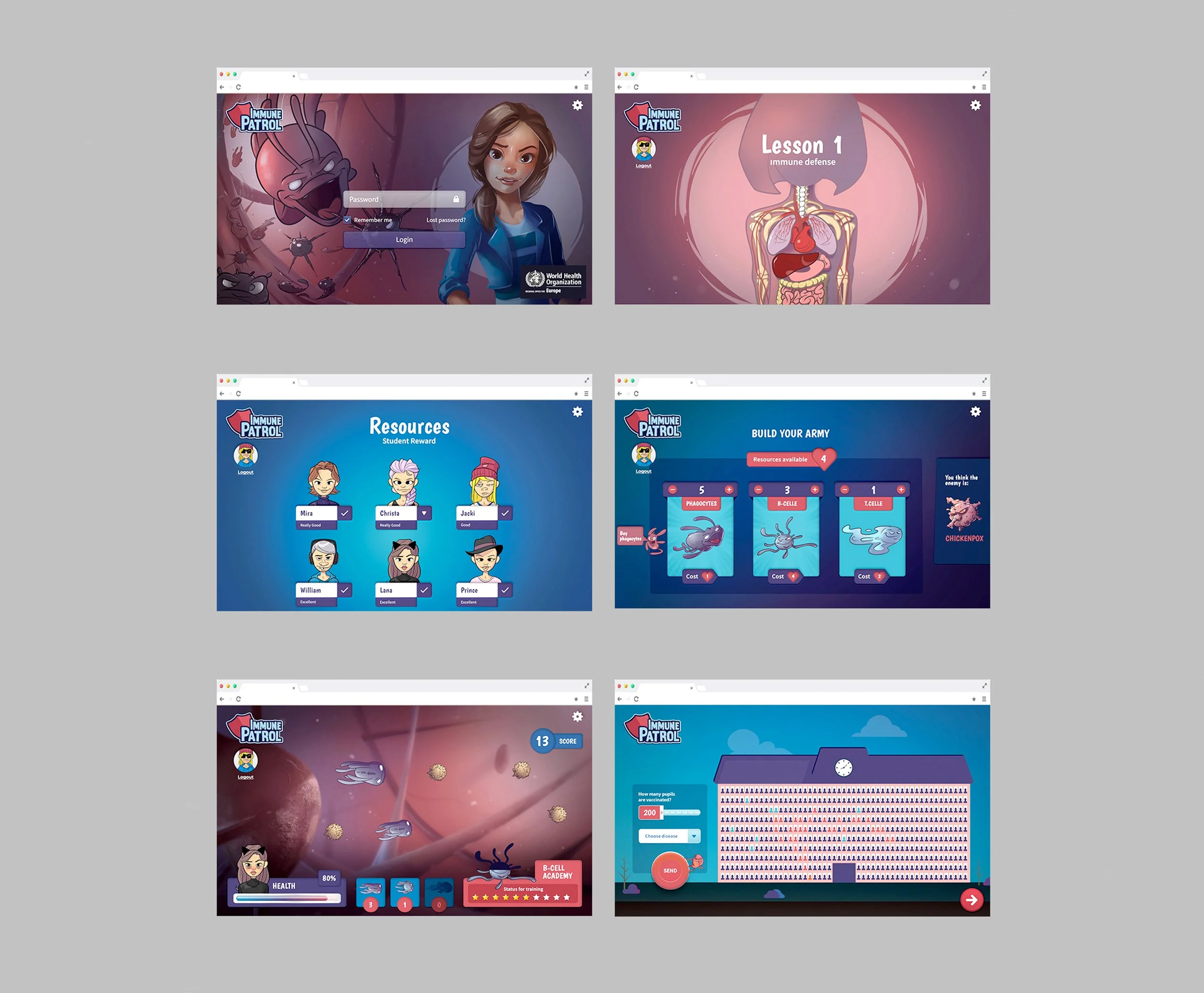  Game UI design for WHO to teach students about the immune system and vaccines. In the game the students had to defend their avatar against attacks from infectious diseases, build a model of a cell, test the spread of disease in a virtual simulator. 