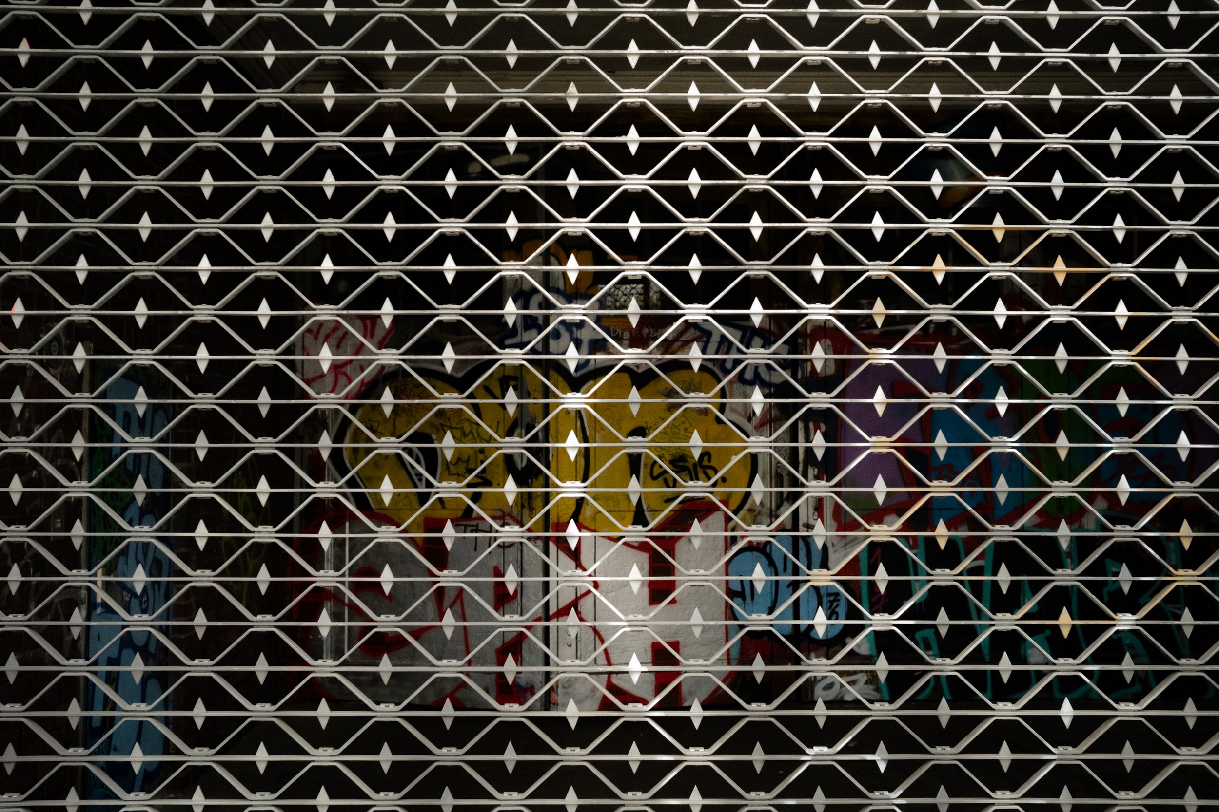 Verschlossene Ladenfront mit einem Metallgitter vor Graffiti