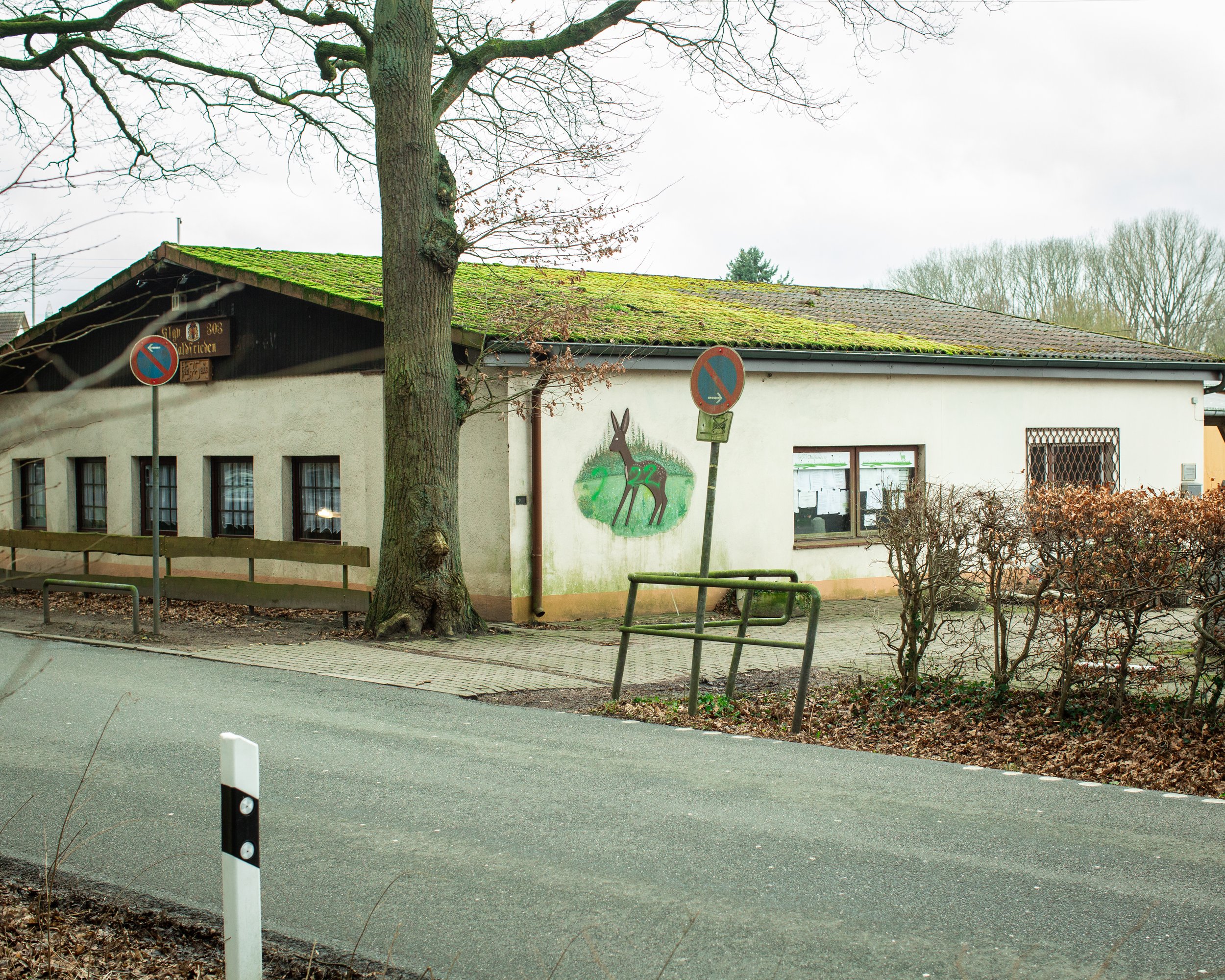Ein helles Gebäude mit einem gemalten Reh an der Wand, umgeben von Bäumen und Sträuchern, auf einer ruhigen Straße in einer winterlichen Landschaft.