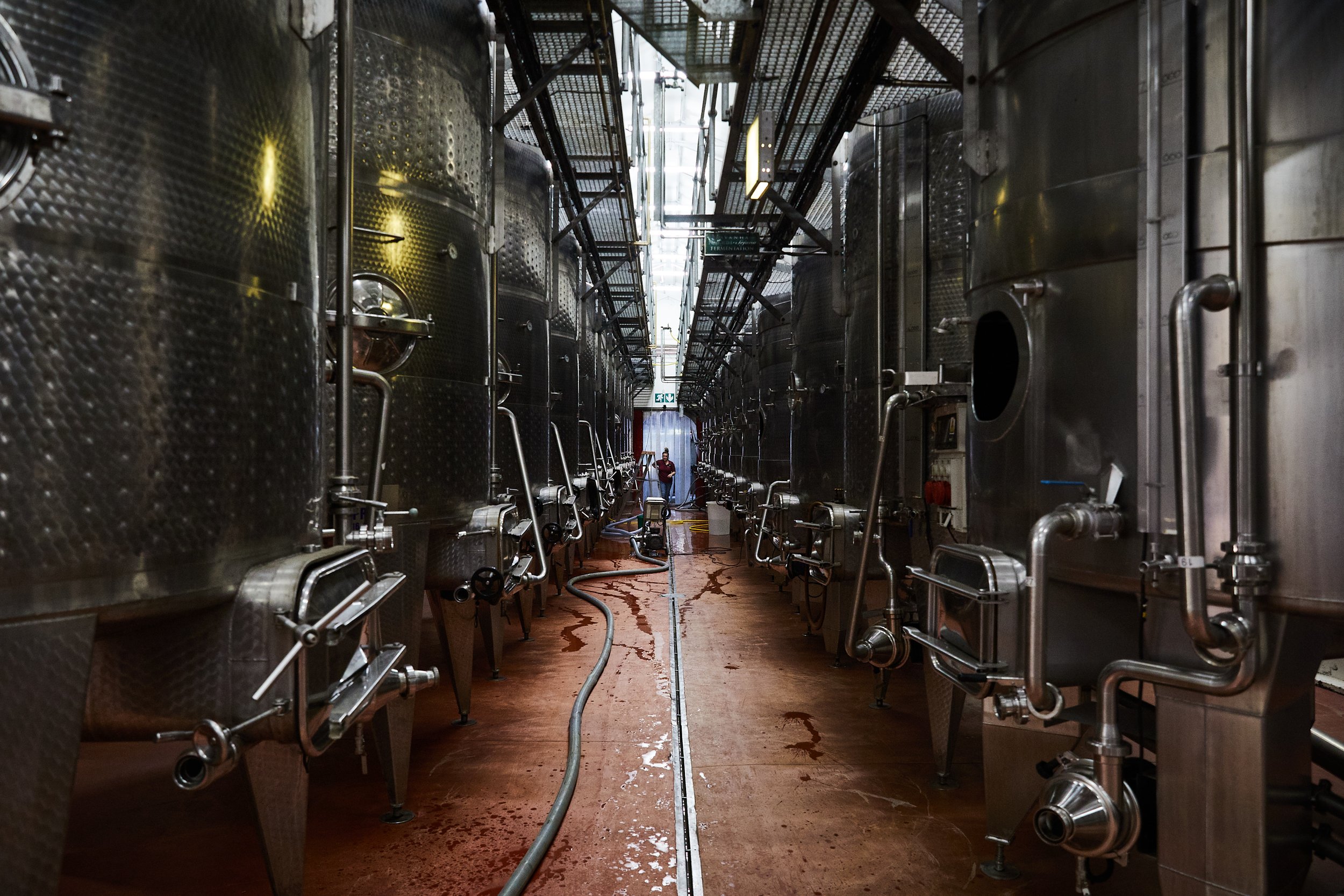 Innenansicht einer Weinkellerei mit großen, silbernen Edelstahltanks und einem Mitarbeiter im Hintergrund.