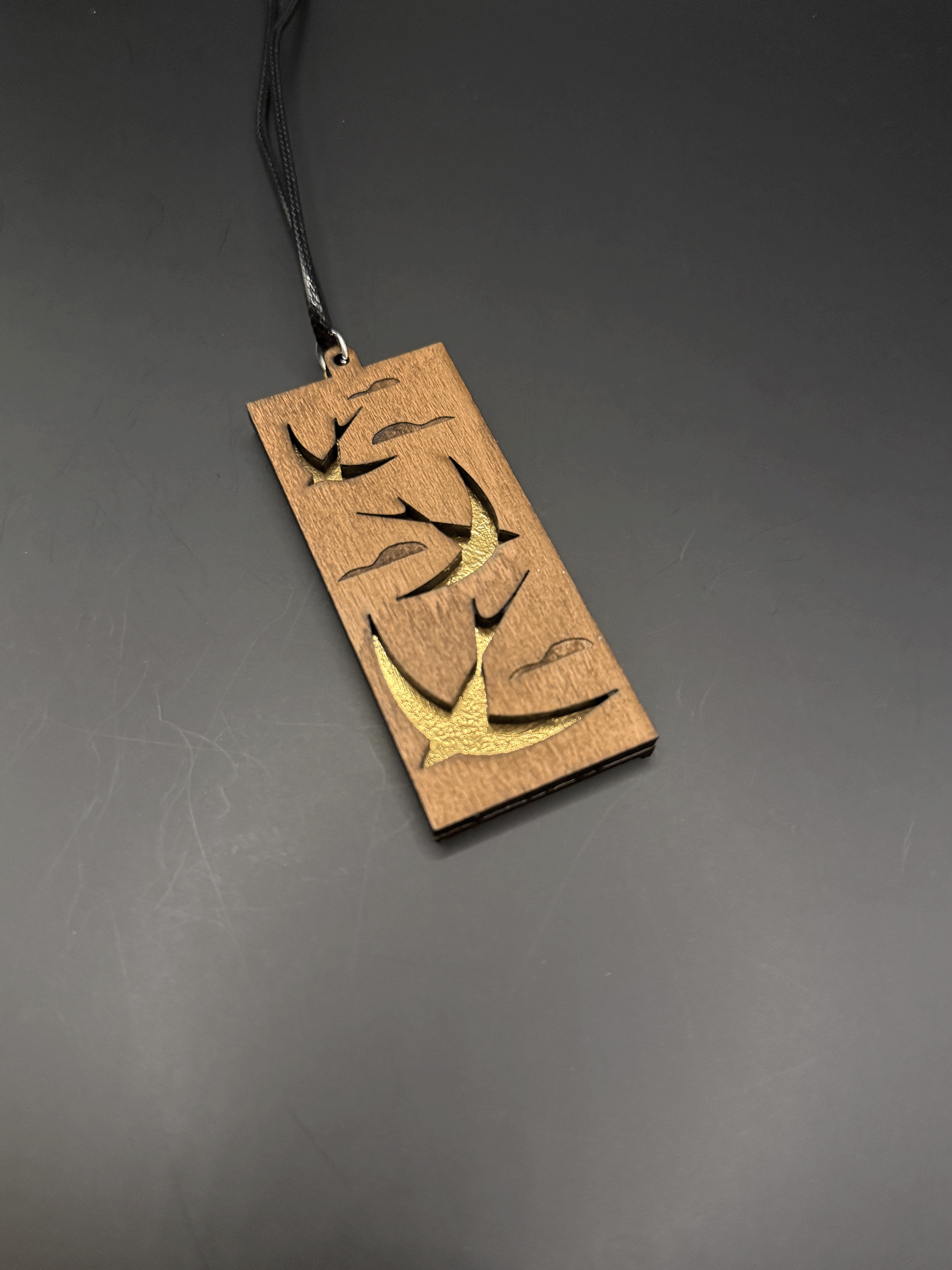 Flying Swallows Handmade Wooden Pendant necklace with Gold Leaf