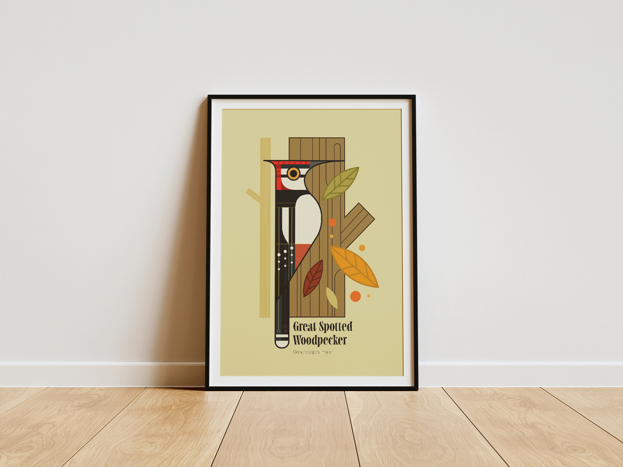 Stylised Great Spotted Woodpecker  - Retro print