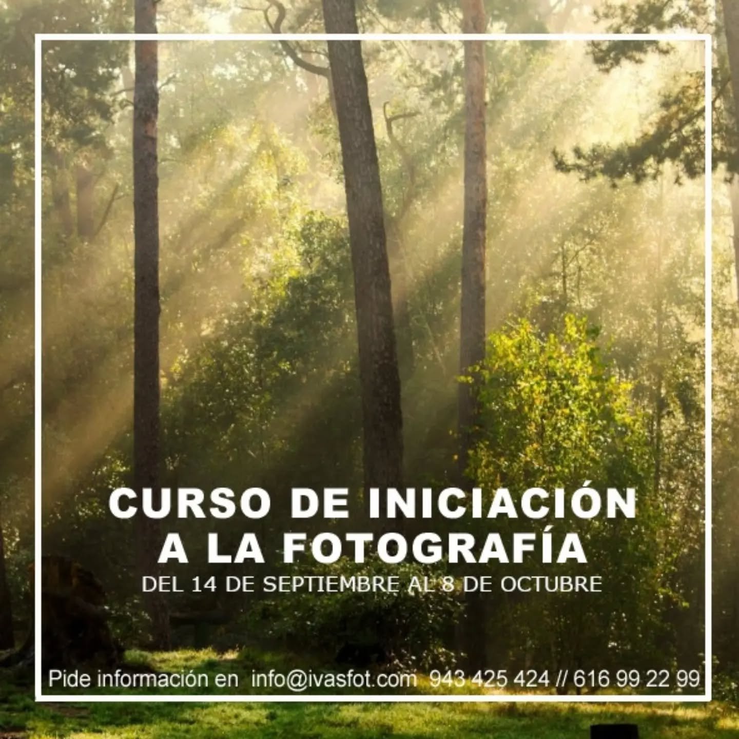 Ya tenemos fechas para el pr&oacute;ximo curso de Iniciaci&oacute;n a la Fotograf&iacute;a despu&eacute;s del verano. 

Del 14 de Septiembre al 8 de Octubre.
Lunes y Jueves 
De 18:00 a 20:00

Puedes reservar ya una plaza 

info@ivasfot.com
943 425 42