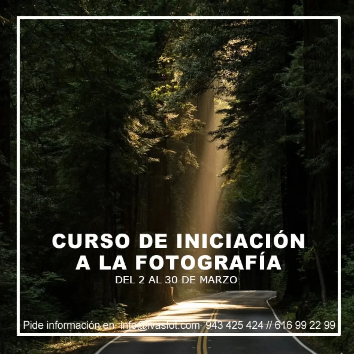 PR&Oacute;XIMO CURSO DE INICIACI&Oacute;N A LA FOTOGRAF&Iacute;A.

DEL 2 al 30 de Marzo.
LUNES y JUEVES 
18:00-20-00

Aprende a manejar la c&aacute;mara fotogr&aacute;fica de manera MANUAL y comienza a disfrutar de la fotograf&iacute;a no s&oacute;lo