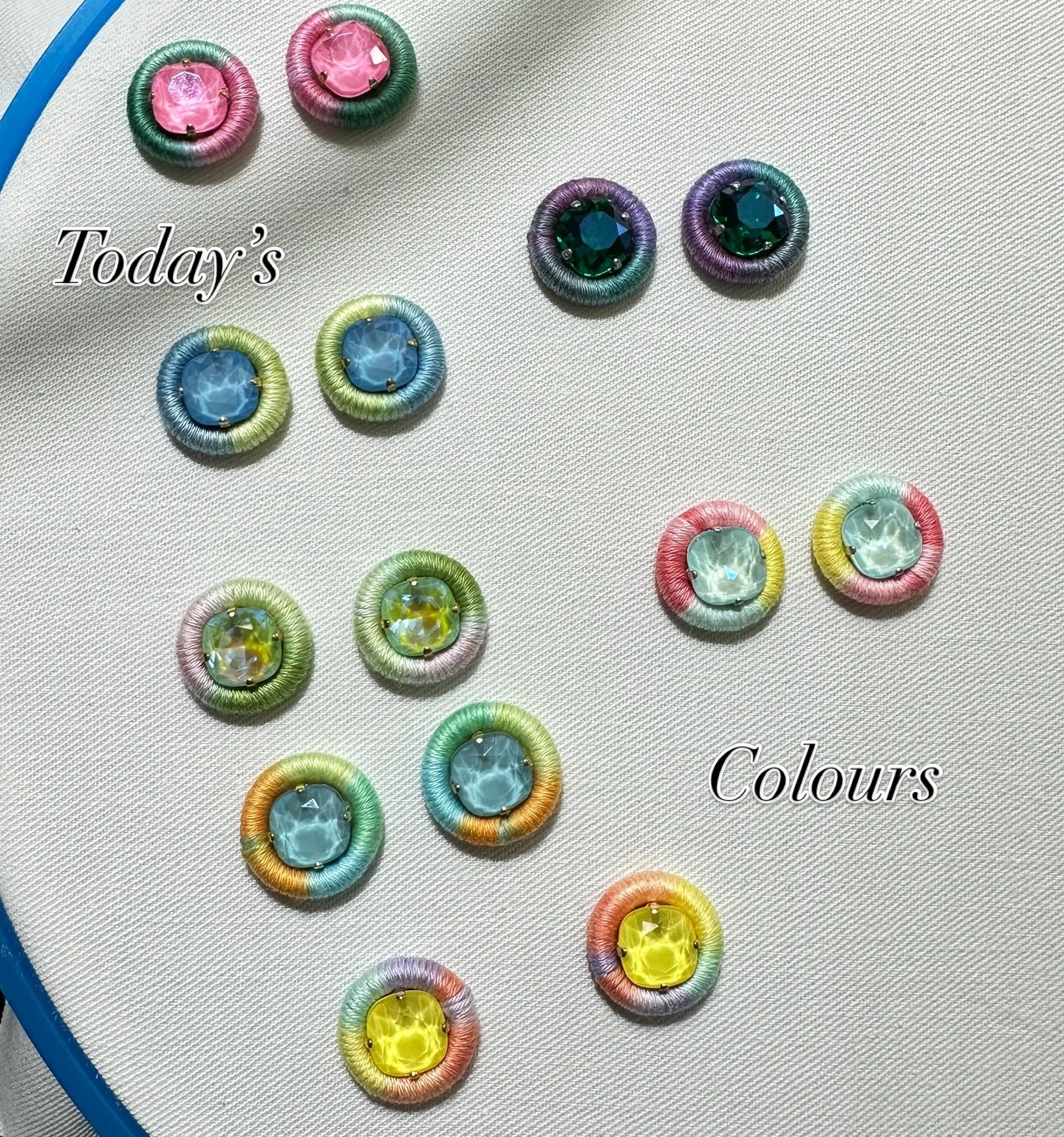 Today&rsquo;s colours 🎨
I&rsquo;ve been working on on these new button earrings built entirely around feel-good colour.

Tell me &mdash; what colours do you reach for when you want to feel your best?

Coming soon.
#colourfuljewellery #dopaminedressi