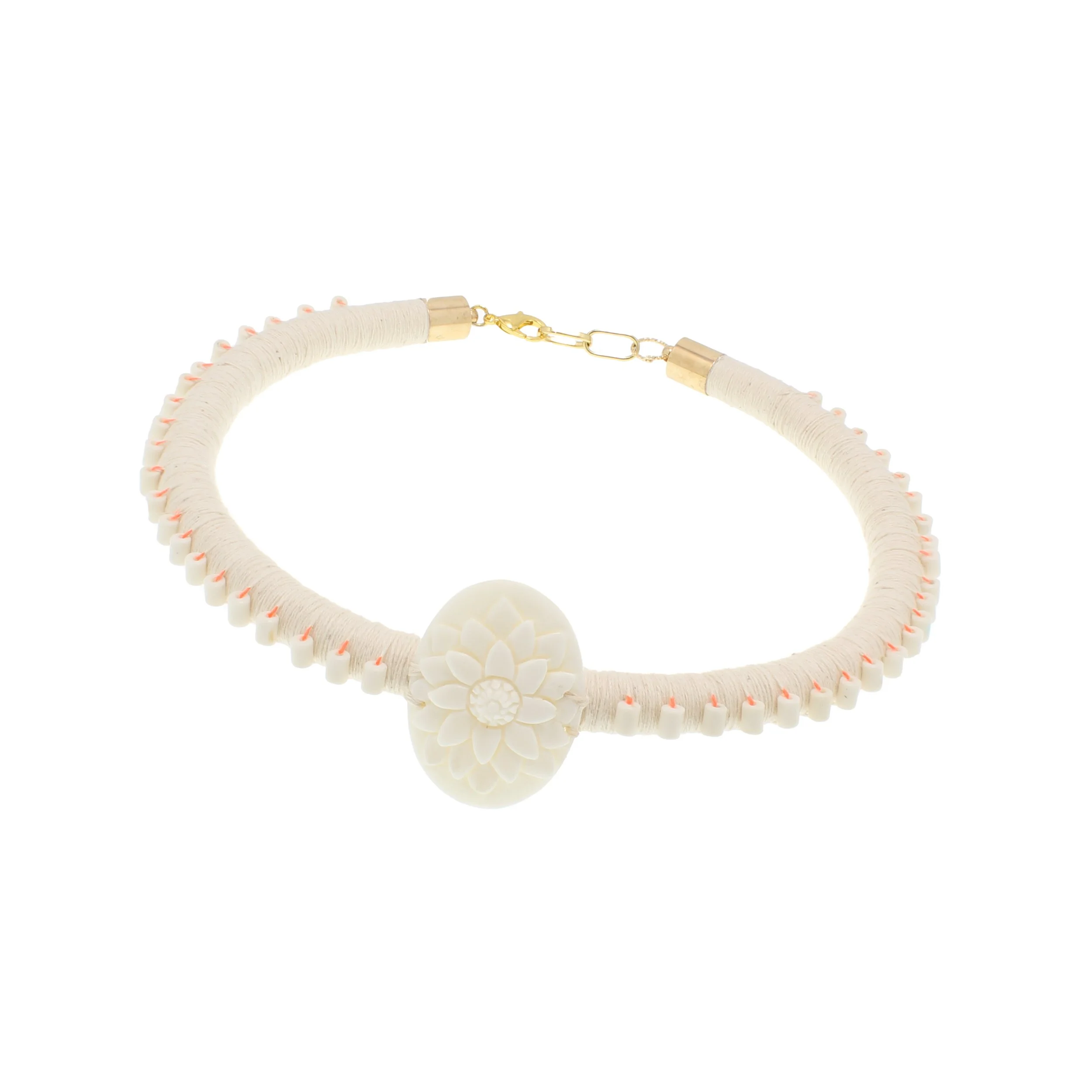 Sashiko, Bone Bead and Floral Cameo Collar