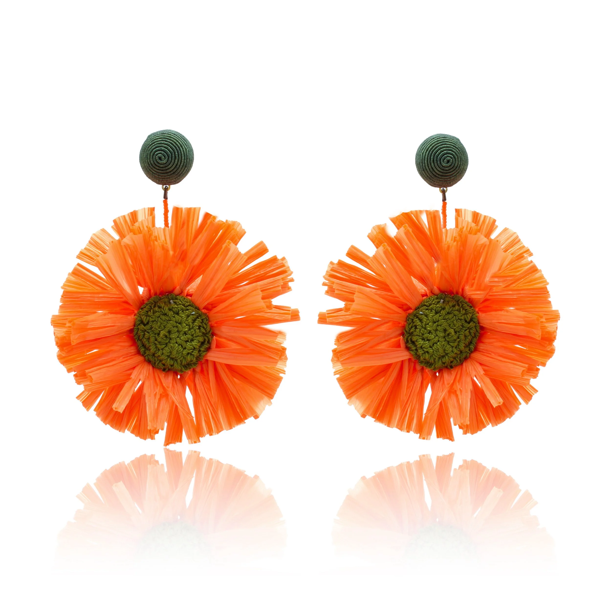 Raffia Embroidered Statement Earrings - Orange