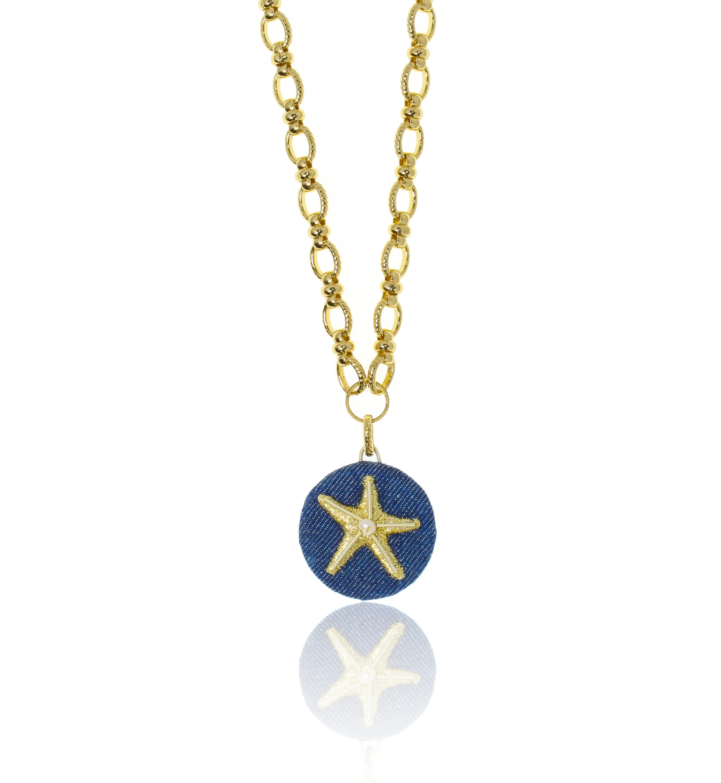 Hand Embroidered Gold Starfish on Denim Necklace