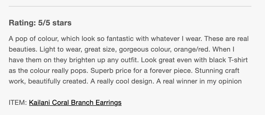 Product review for Kailani Coral Branch Earrings, rated 5 out of 5 stars, describing the earrings as colorful, light, and attractive, with compliments on their size and vibrant orange/red color, suitable with various outfits.