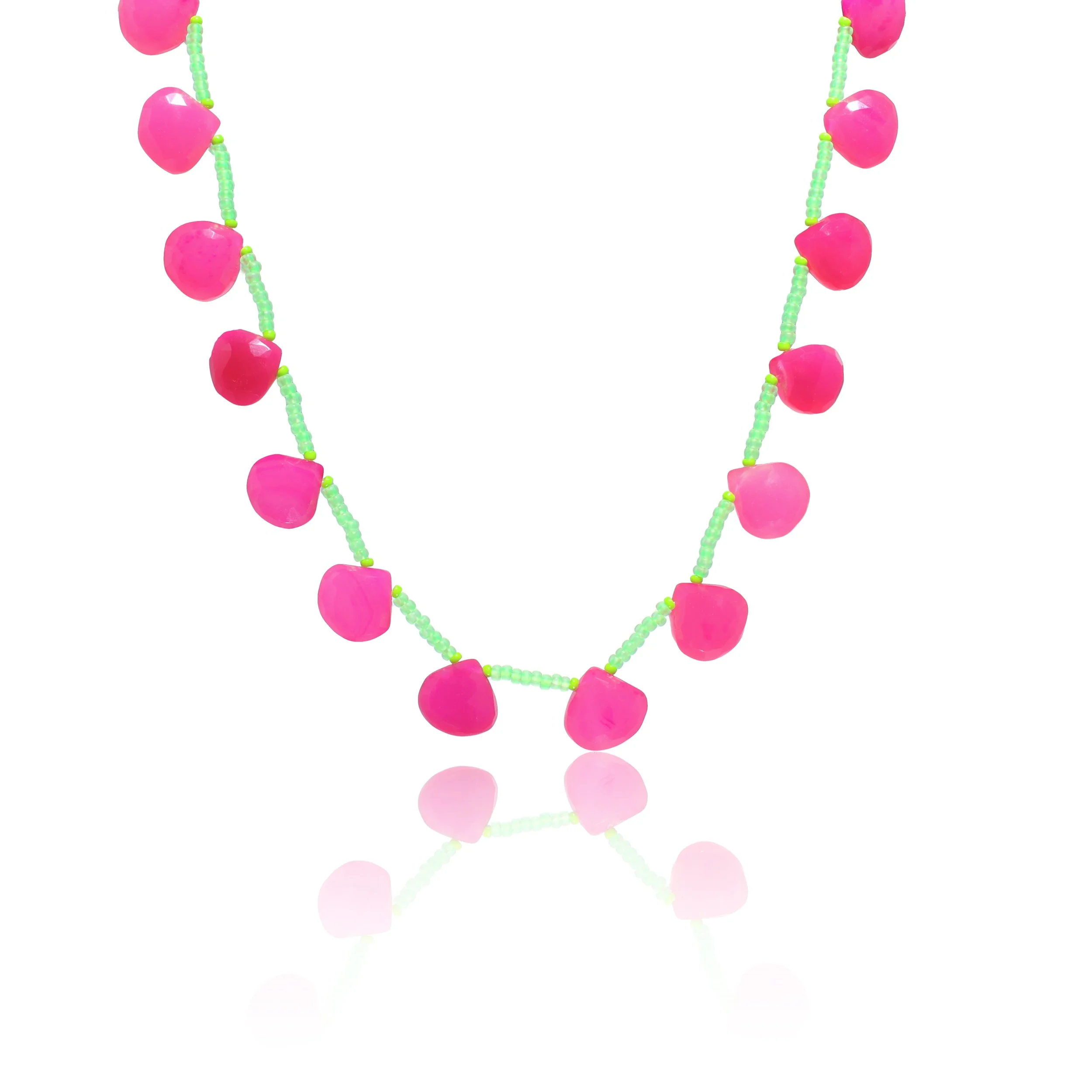 Necklace with pink heart-shaped beads and small green spacer beads on a white background.
