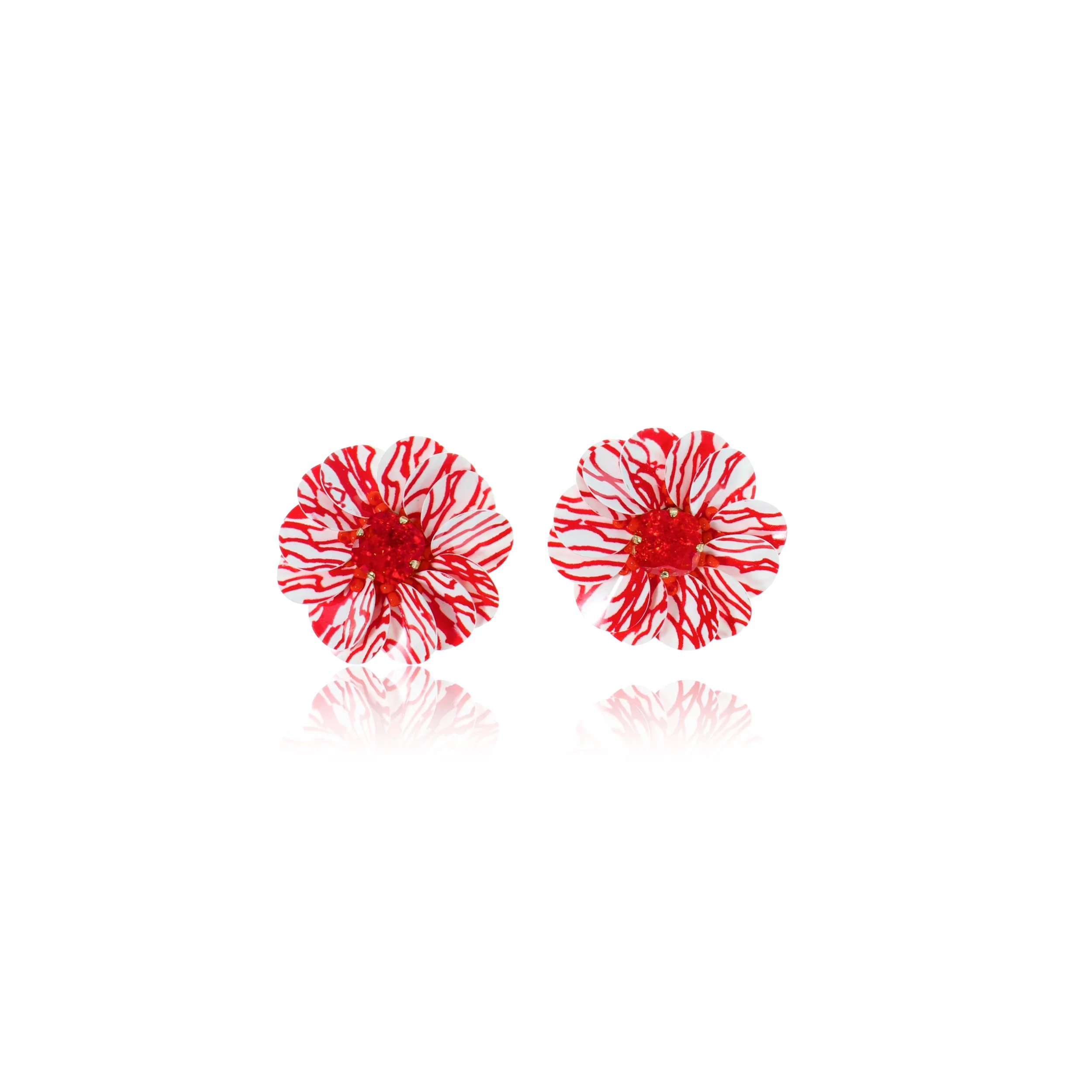 Large Candy Stripe Flower Earrings Bright Red and White