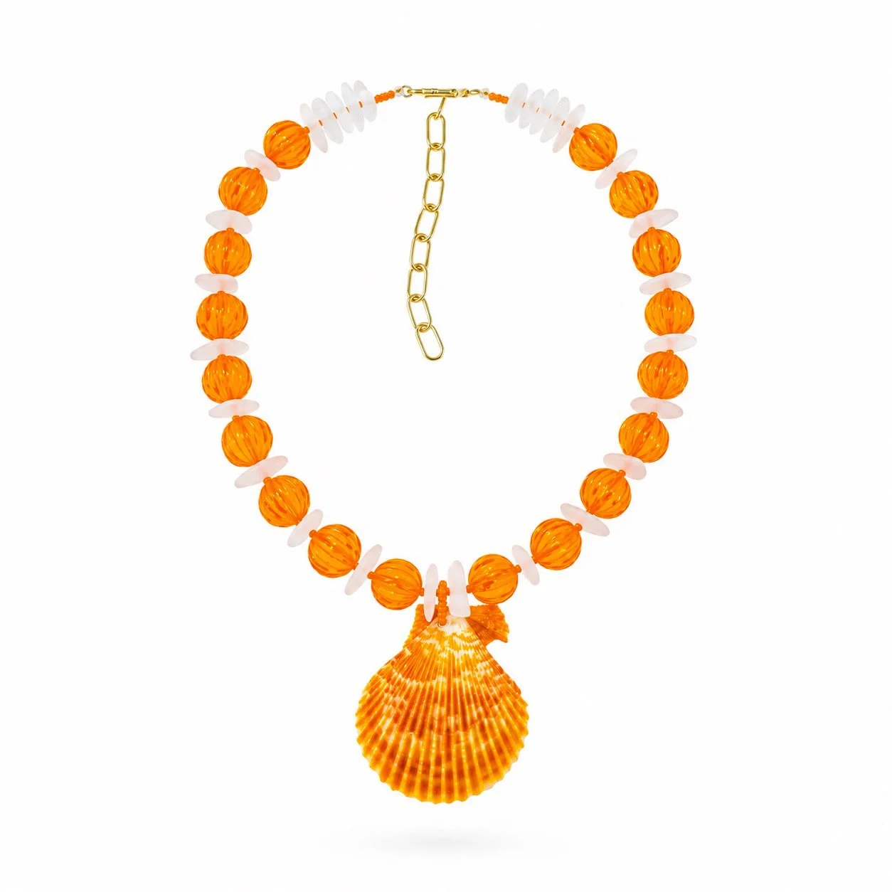 Vintage Bead, Beach glass and Shell Necklace - Orange