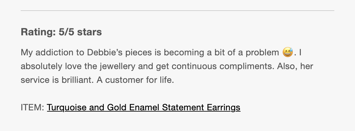 Review of turquoise and gold enamel statement earrings, five out of five stars.