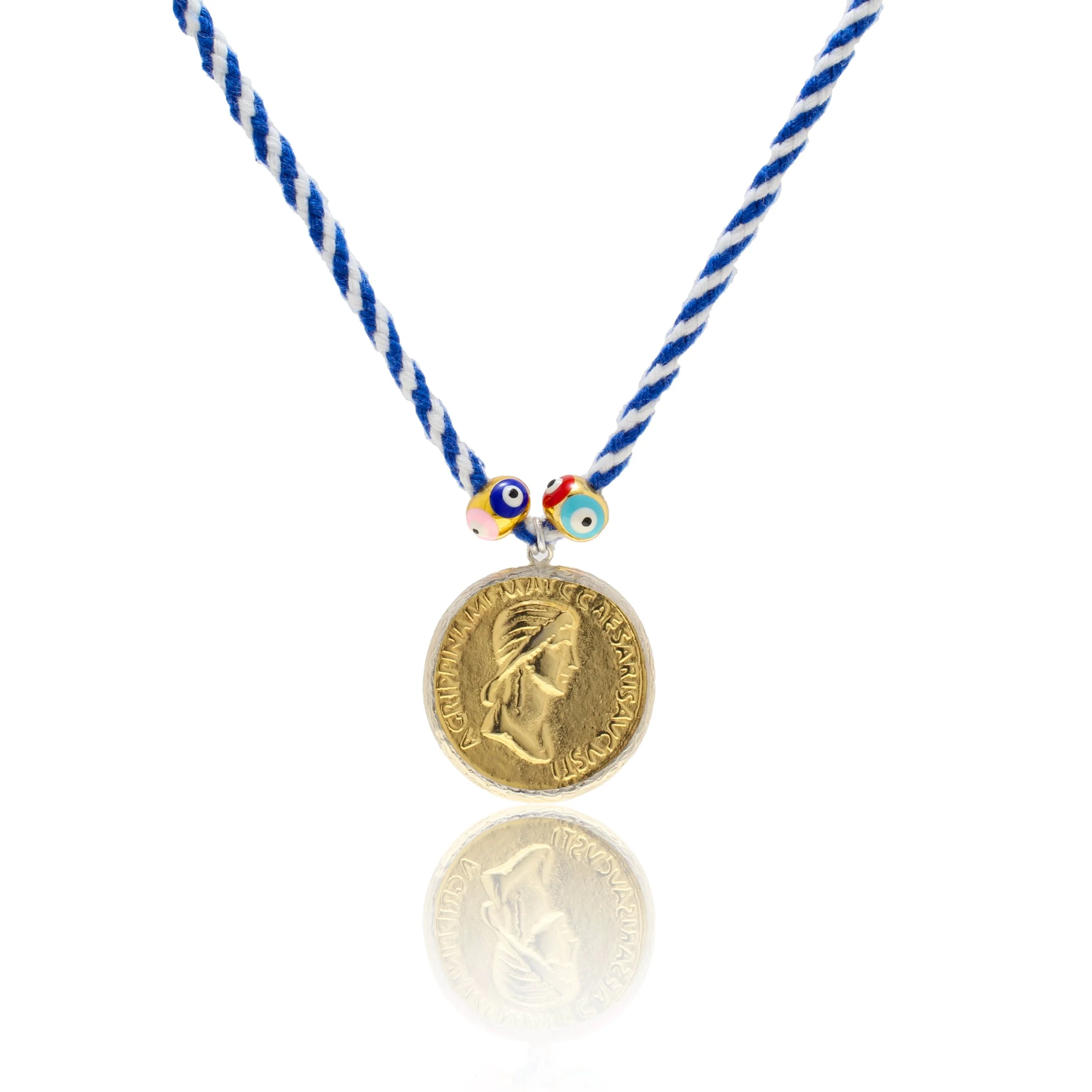 Wear Three Ways - Coin Medallion Necklace Royal Blue and White