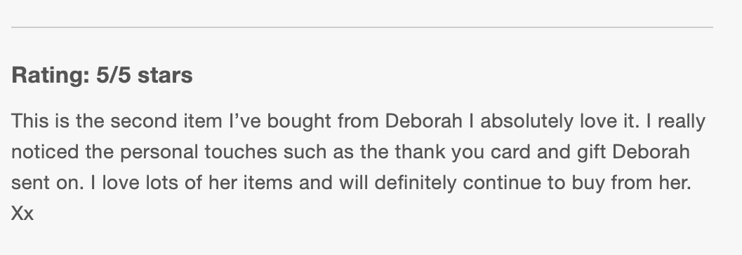 Screenshot of a written review with a 5-star rating, praising Deborah for her personalized gifts and items.