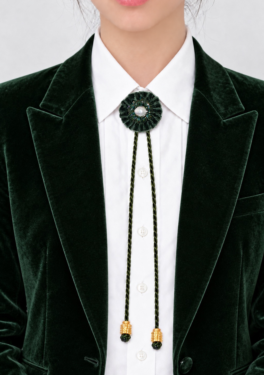 Velvet Scrunchie Flower Bolo Tie Necklace-  Forest Green