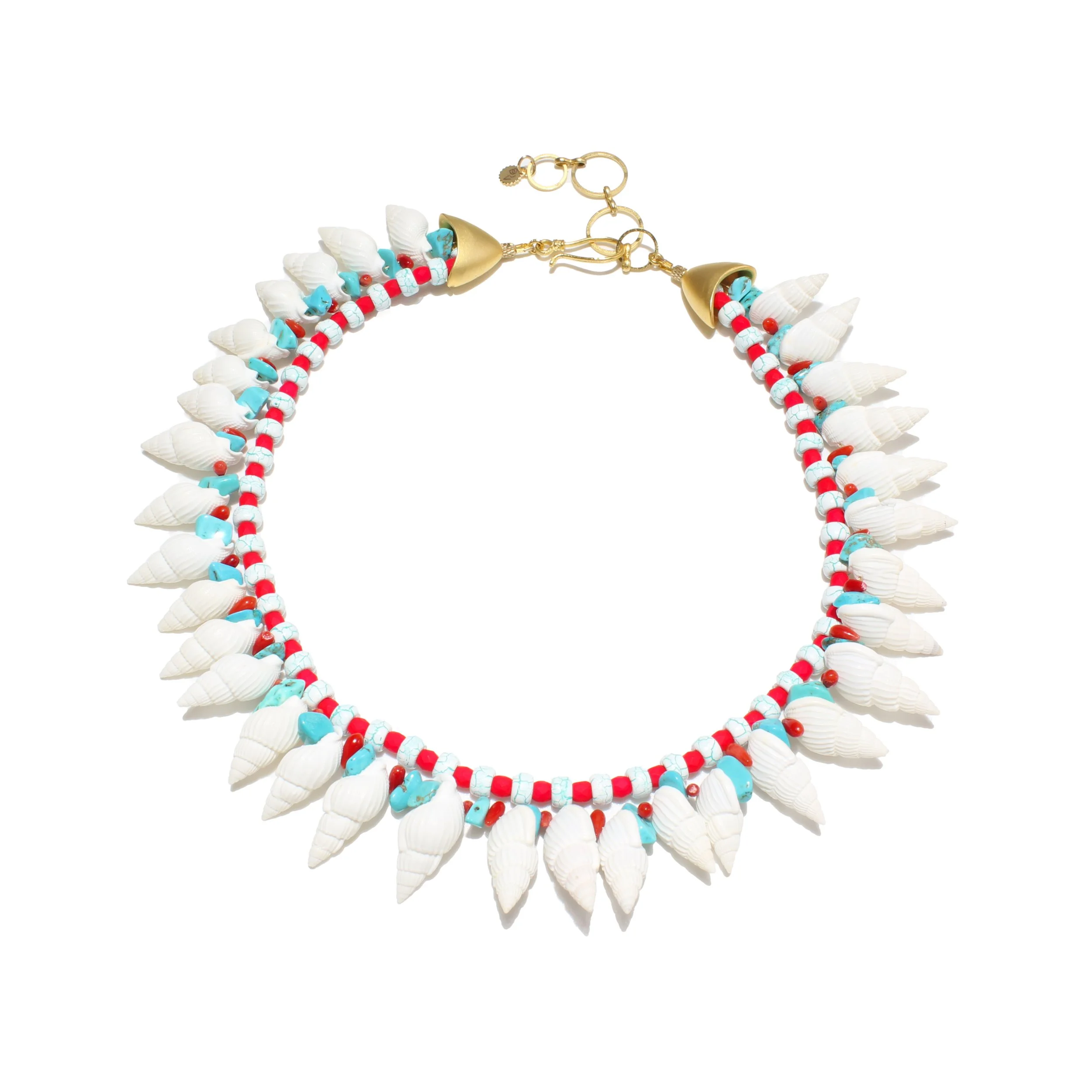 Colorful shell necklace with red, white, and blue beads, and gold clasp.