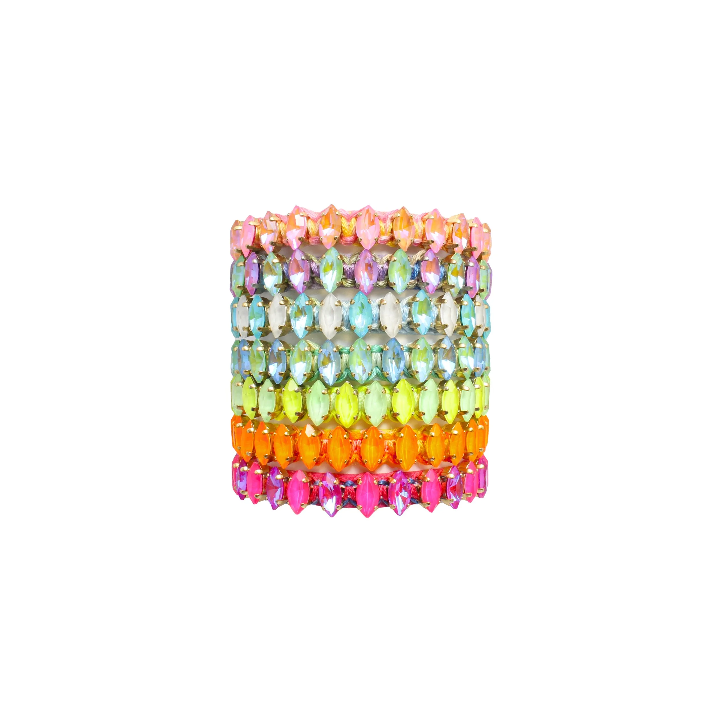 Colorful rainbow crystal beaded bracelet with multiple rows of multicolored gemstones.