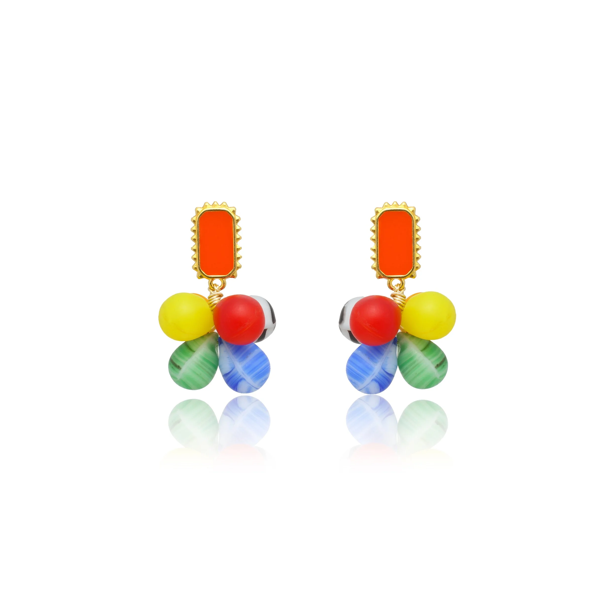 Colorful earrings with orange rectangular stones, red, yellow, green, and blue beads on a white background.
