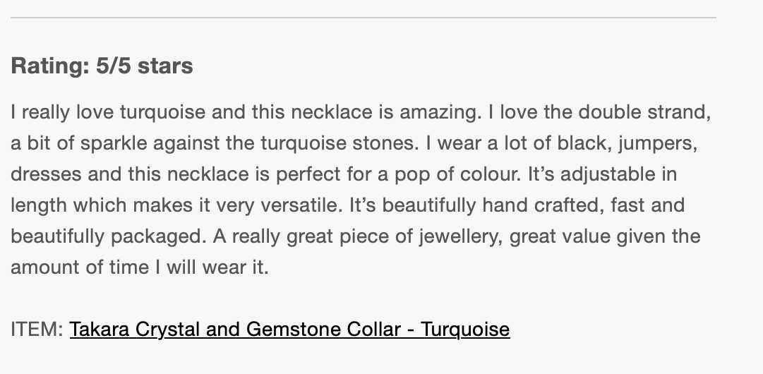 Product review for a turquoise necklace. The reviewer praises its double strand, sparkle, adjustable length, craftsmanship, packaging, and value.