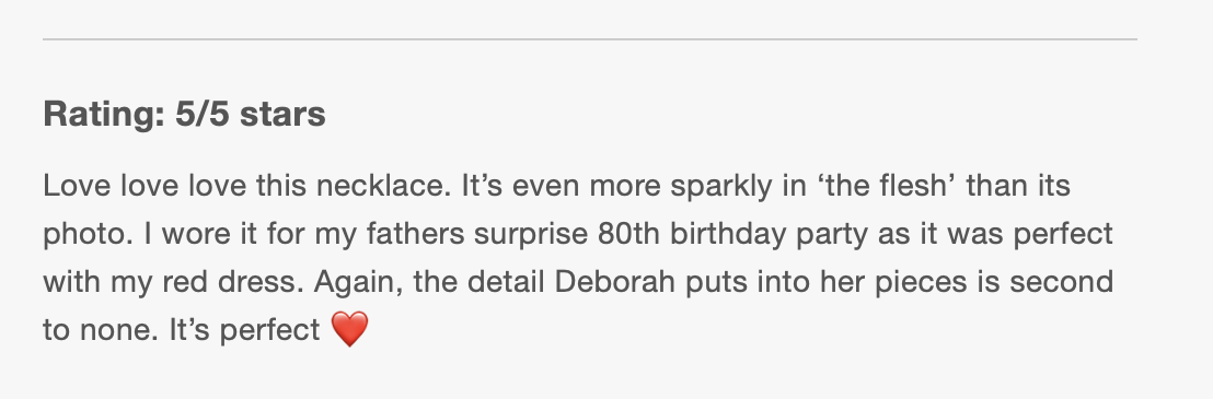 This image shows a review comment praising a necklace, mentioning its sparkly appearance, its appearance in a photo, and its being worn at an 80th birthday party complementing a red dress. The review includes a heart emoji.