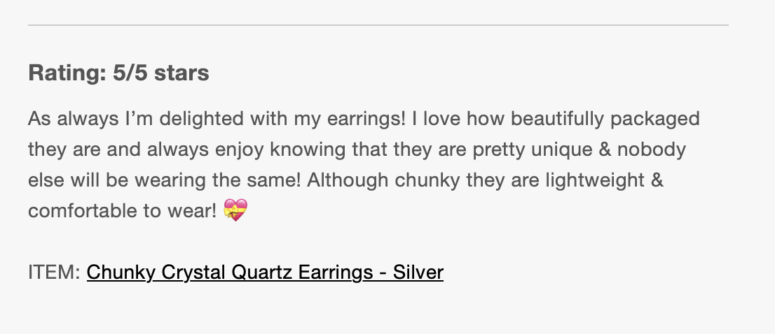 Customer review praising silver chunky crystal quartz earrings, rated 5 out of 5 stars, with a positive comment about their uniqueness and lightweight comfort.