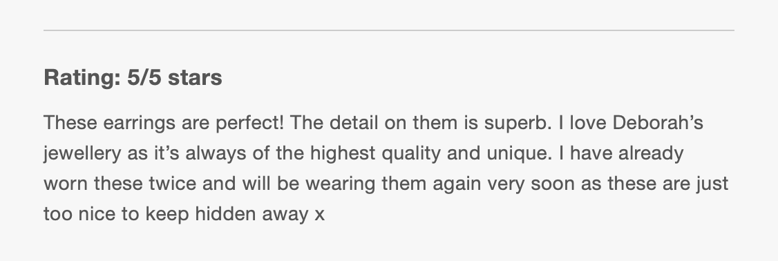 Customer review praising Deborah's jewelry, especially earrings, with a 5-star rating.