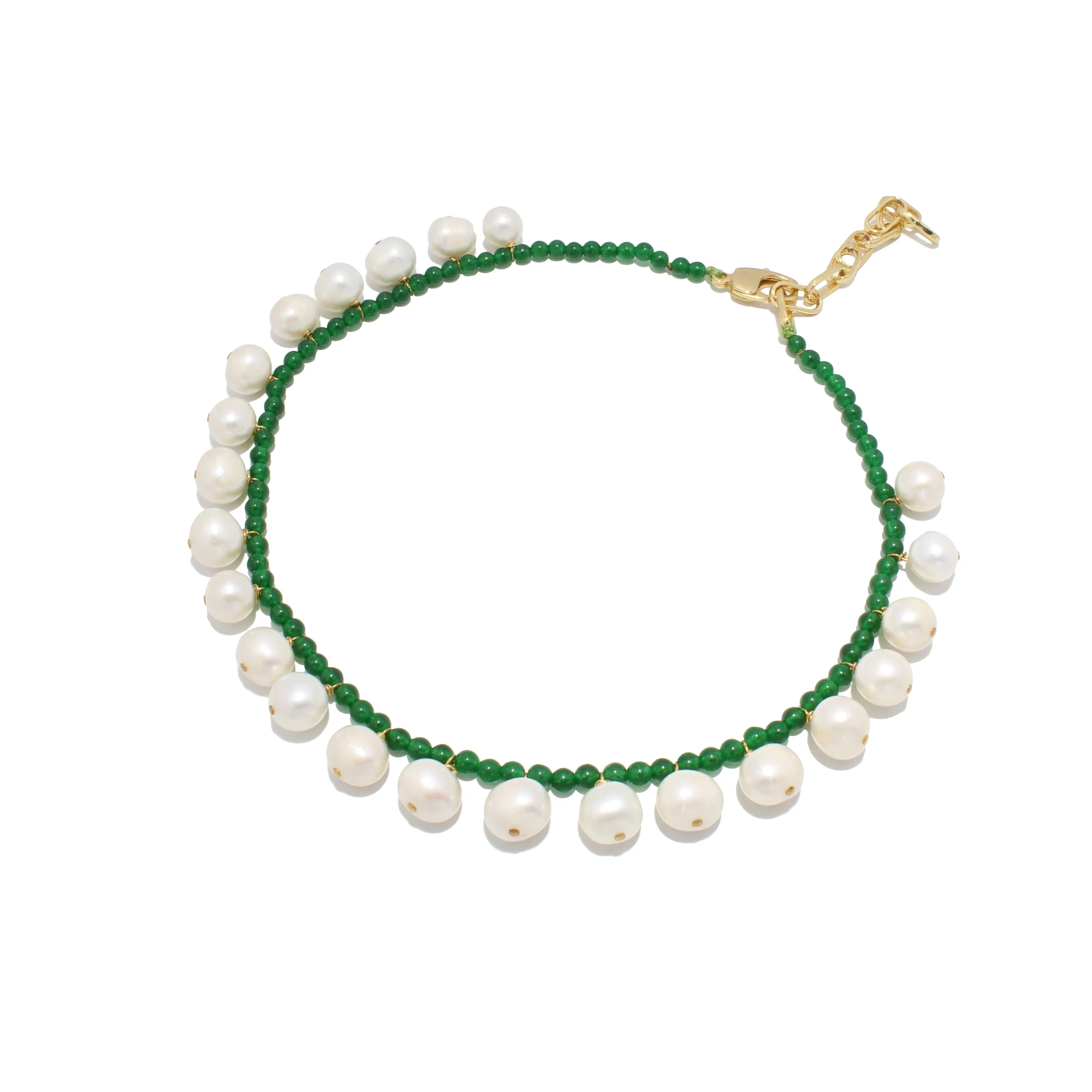 Necklace with alternating white pearls and small green beads, gold clasp and chain