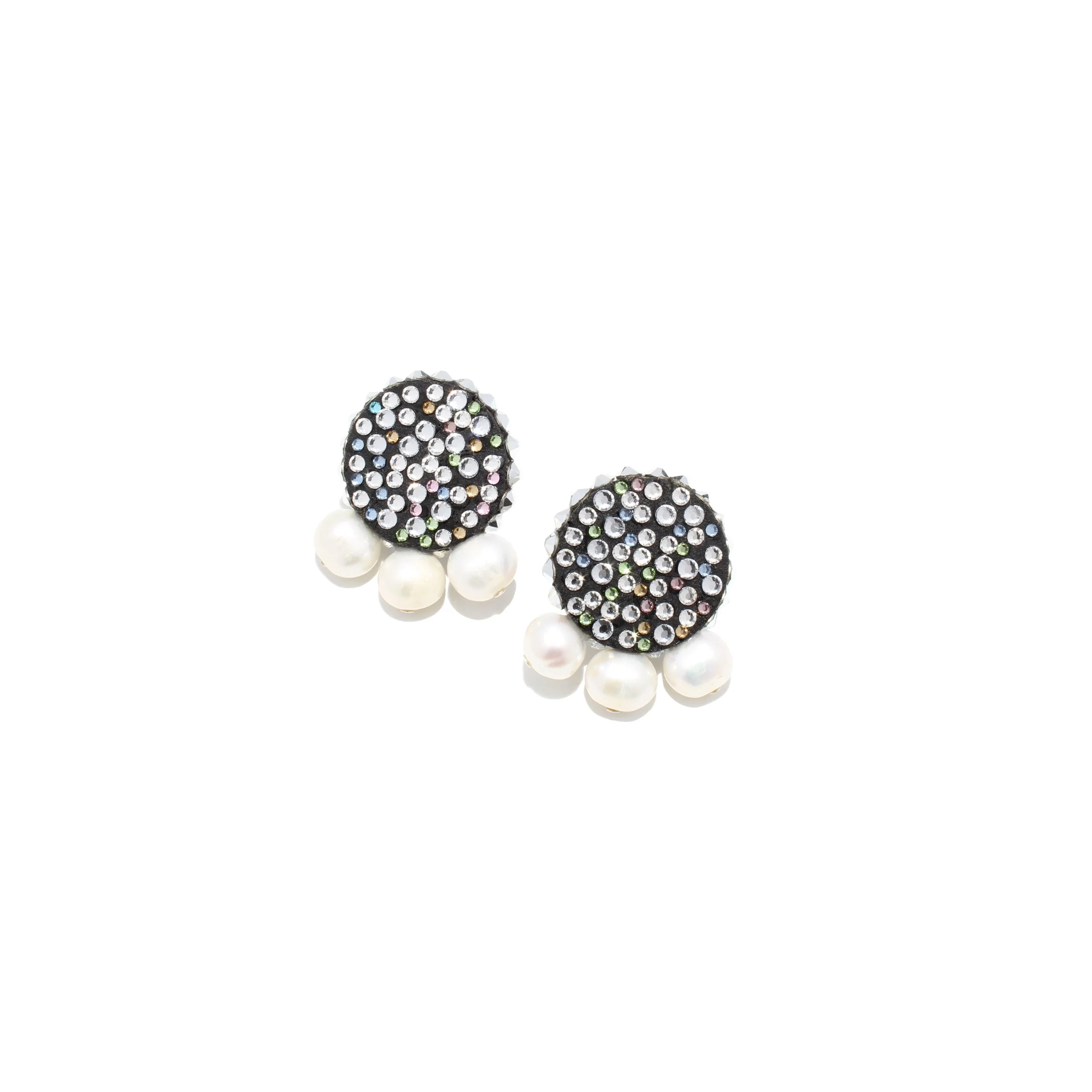 Pair of decorative earrings with black rhinestones and dangling white pearls.