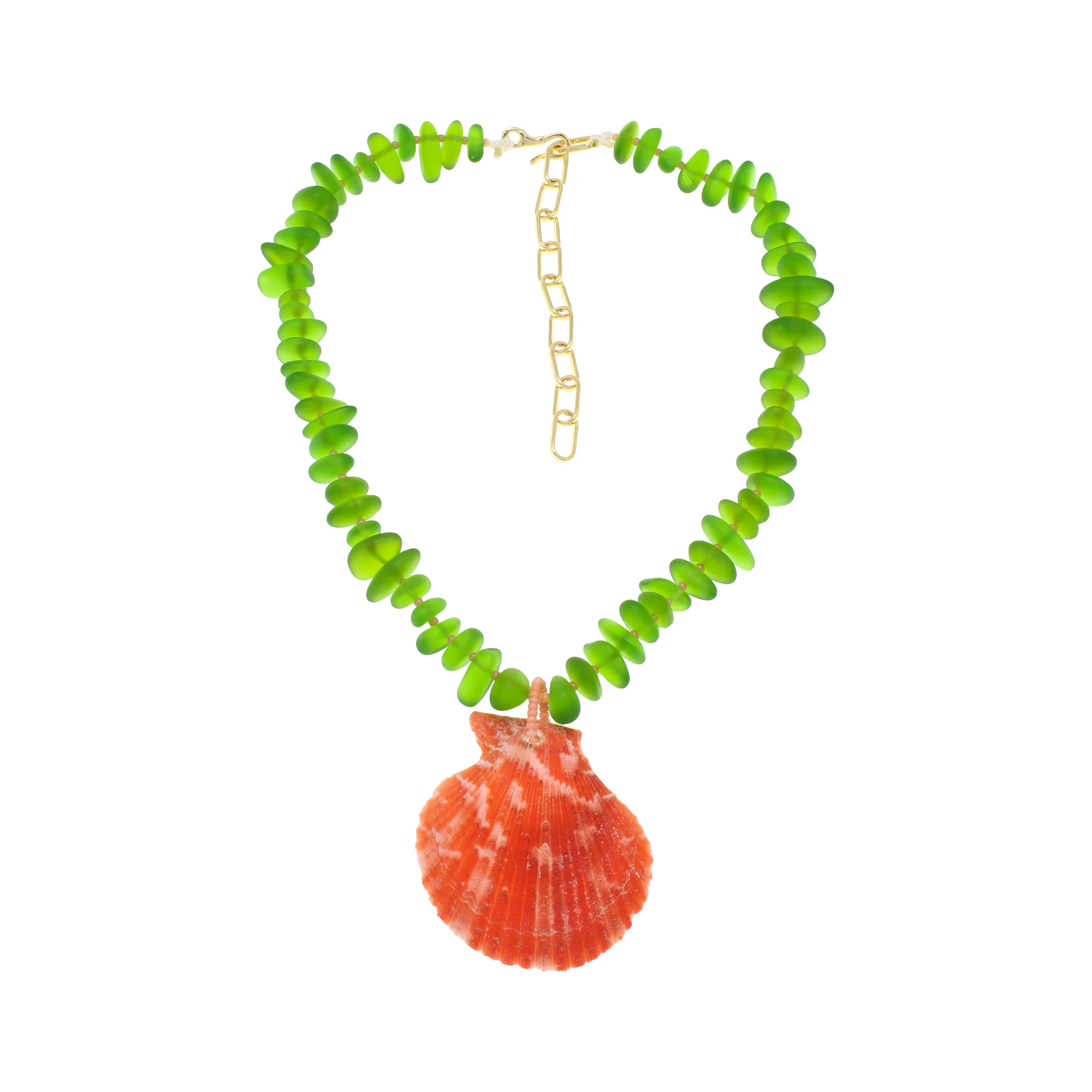 Olivine Beach Glass and Shell Necklace