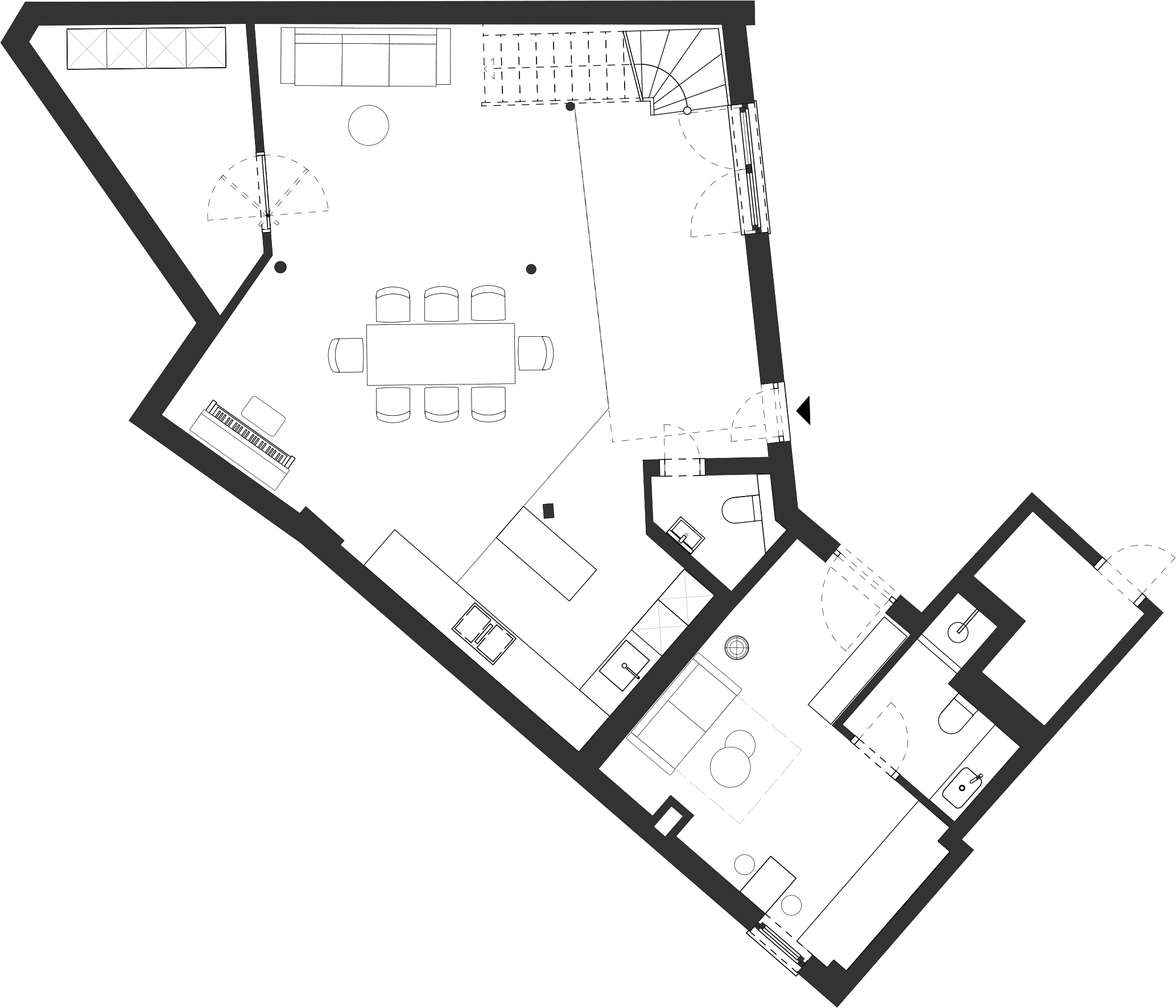 Grundriss privates Apartment mit Wohnzimmer, Küche, Schlafzimmer, Bad und Essbereich