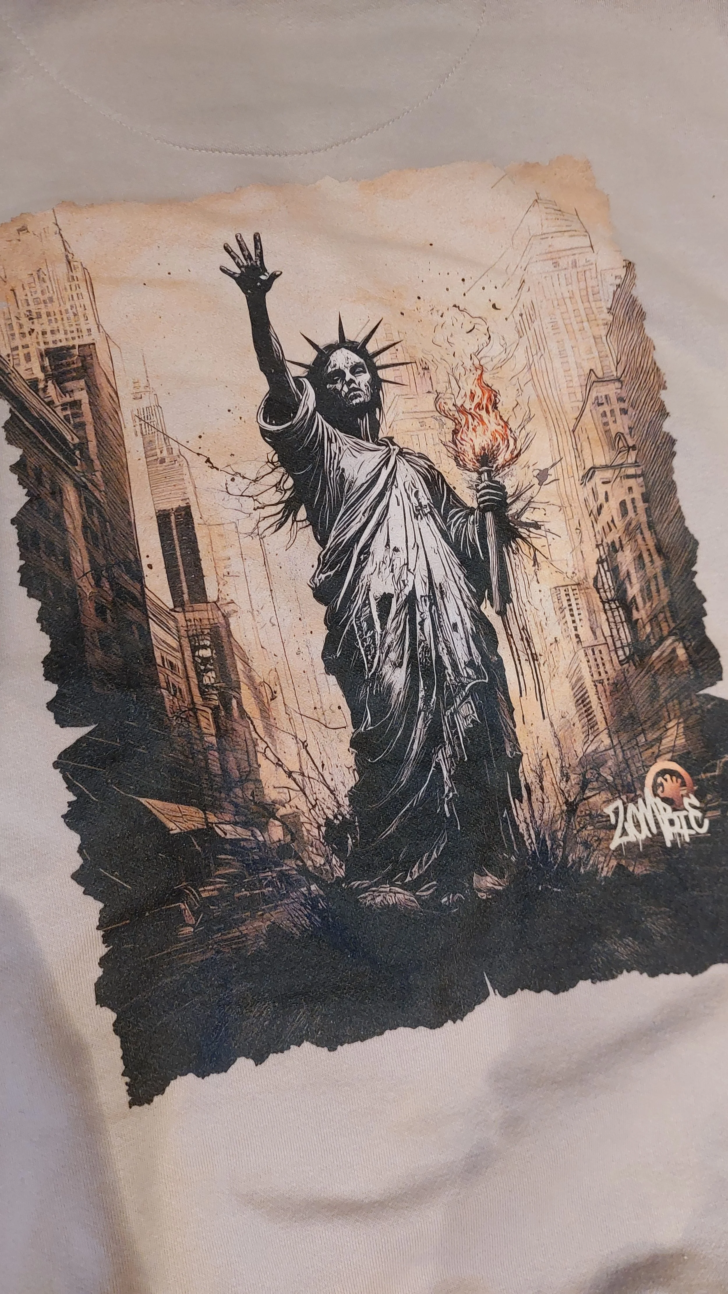 An illustration of a post-apocalyptic scene featuring the Statue of Liberty holding a torch with a flame, surrounded by destroyed buildings and chaos, with gritty, dark art style.