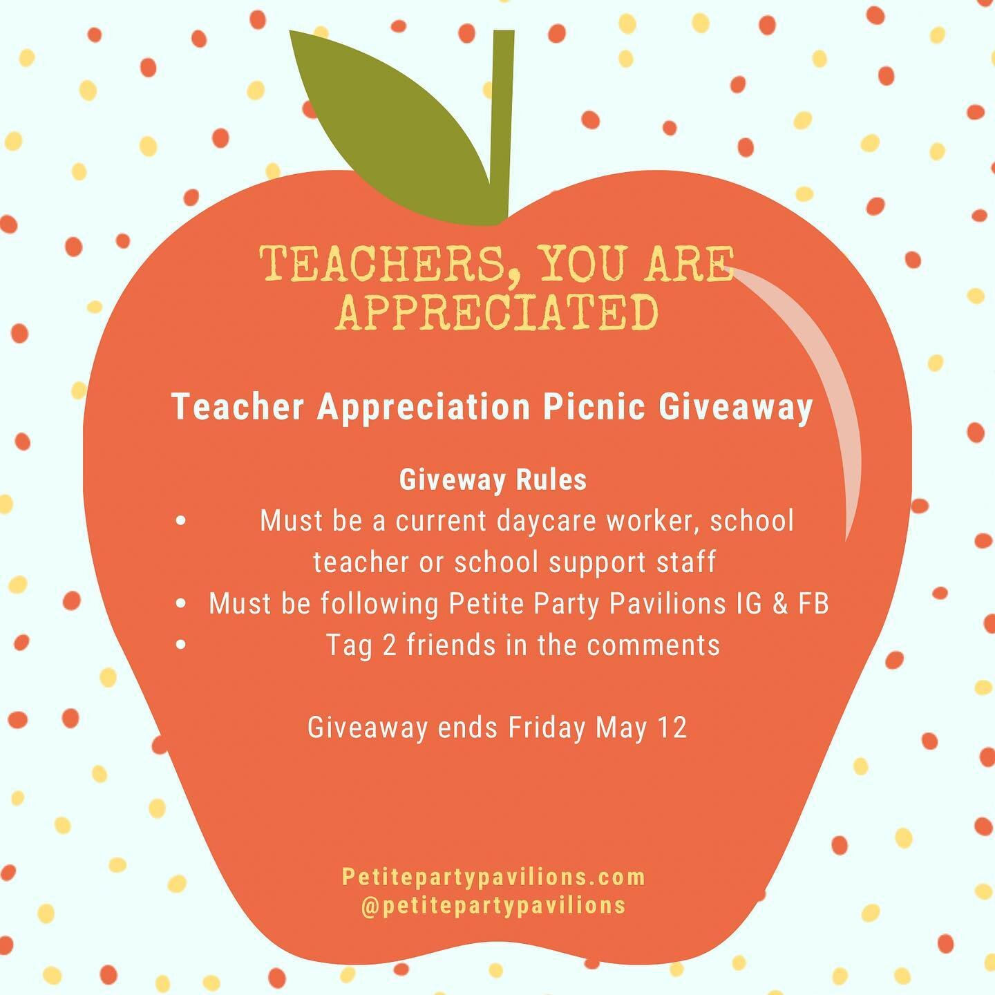 Today kicks off Teacher appreciation week. 

To show our appreciation for our local teachers, I am doing a giveaway for a 50% off any picnic crevice of their choosing to 1 special teacher, daycare worker or school support staff. 

Please follow ALL o