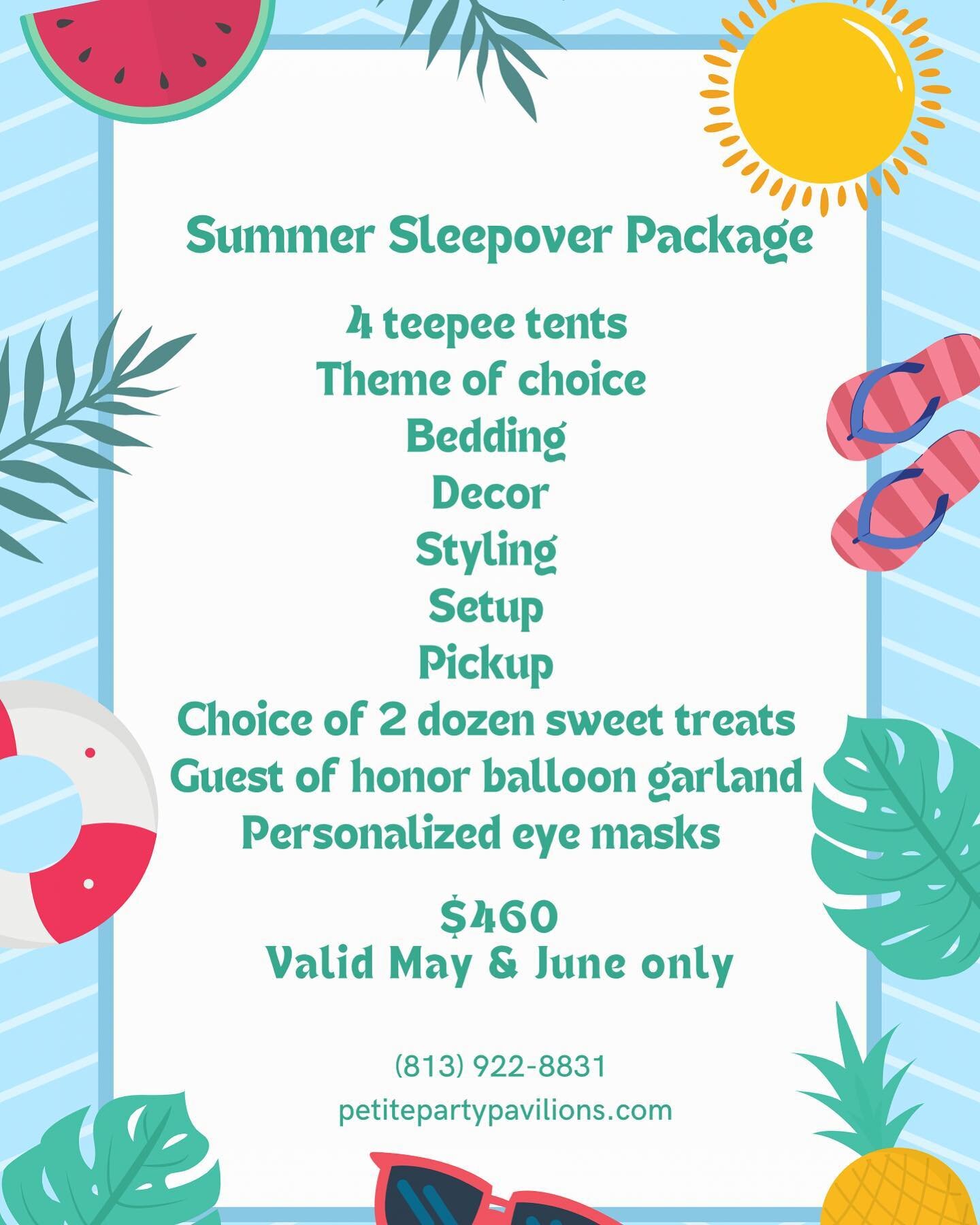 Summer is approaching, start it off with our summer sleepover package. Complete with treats, balloons and personalized eye masks for each guest. 

Send us a DM or send us a text at (813) 922-8831 to get started today