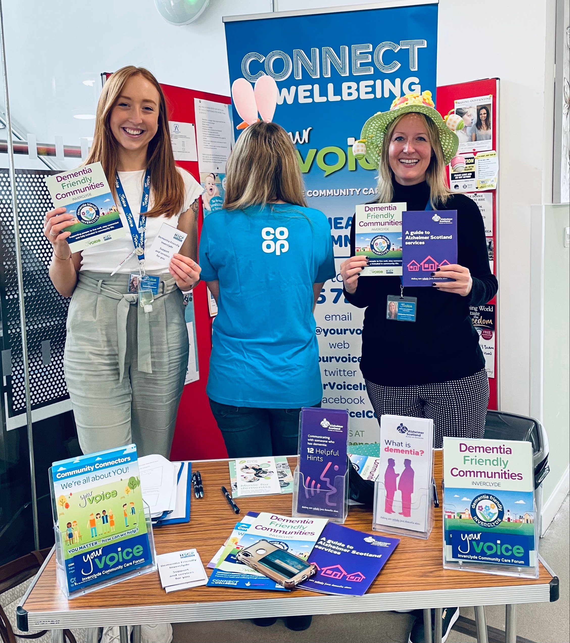 Bethan from Dementia Friendly Inverclyde hosting a stall with Alzheimer Scotland Staff