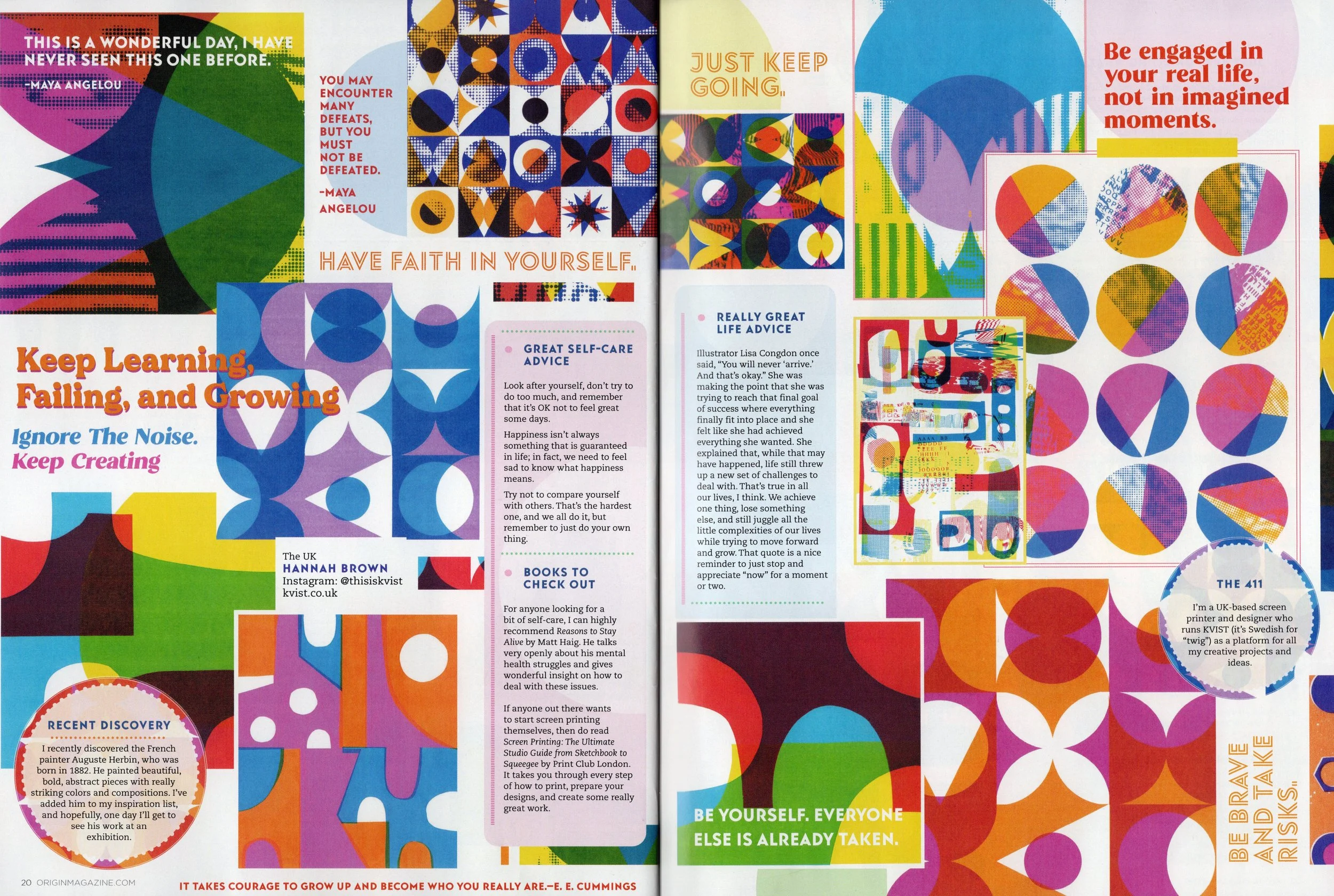 Colorful abstract patterns with inspirational quotes and advice on self-care, perseverance, and creativity, including quotes from Maya Angelou and a section about recent art discoveries.