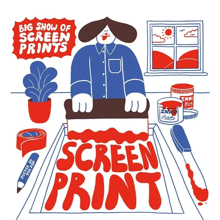 An illustrated scene of a person with brown hair and a clown face painting a large red and white sign reading 'SCREEN PRINT' on a table. There are spray paint cans, a roll of sticker tape, a paint roller, a potted plant, and a window showing a sunny, cloudy sky outside. A red badge says 'Big show of screen print'.