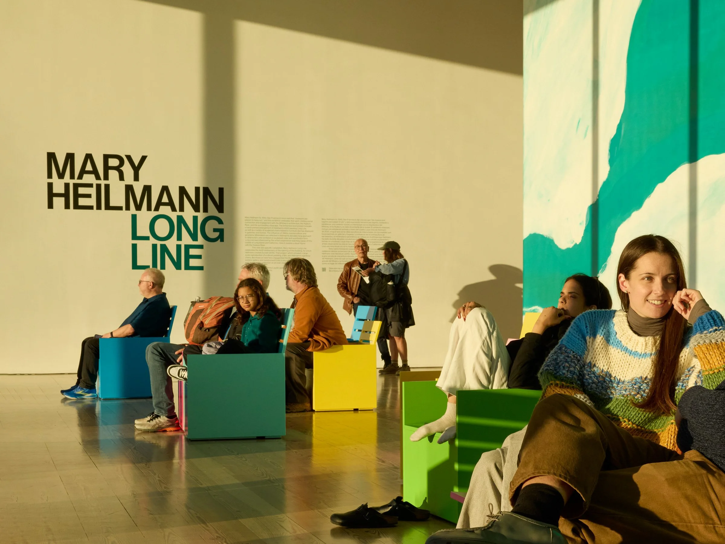  1 of 24   
 Mary Heilmann: Long Line , 2025–2026. Bilingual graphics for immersive exhibition which featured a hand-painted mural and a variety of sculptural chairs. Photograph by Gus Powell.