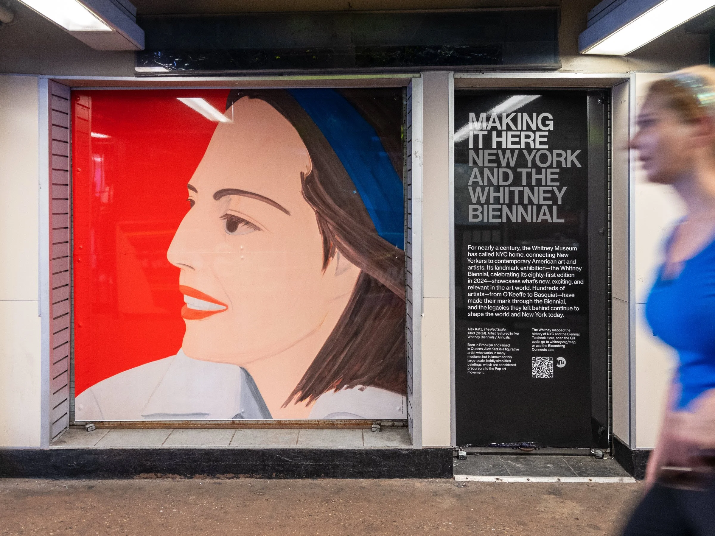  14 of 27   
 Making it Here: New York and the Whitney Biennial  Activation of Vacant MTA Retail Spaces, 2024. Installation at Fordham Road station featuring work by Alex Katz. Photograph by Timothy Schenck.