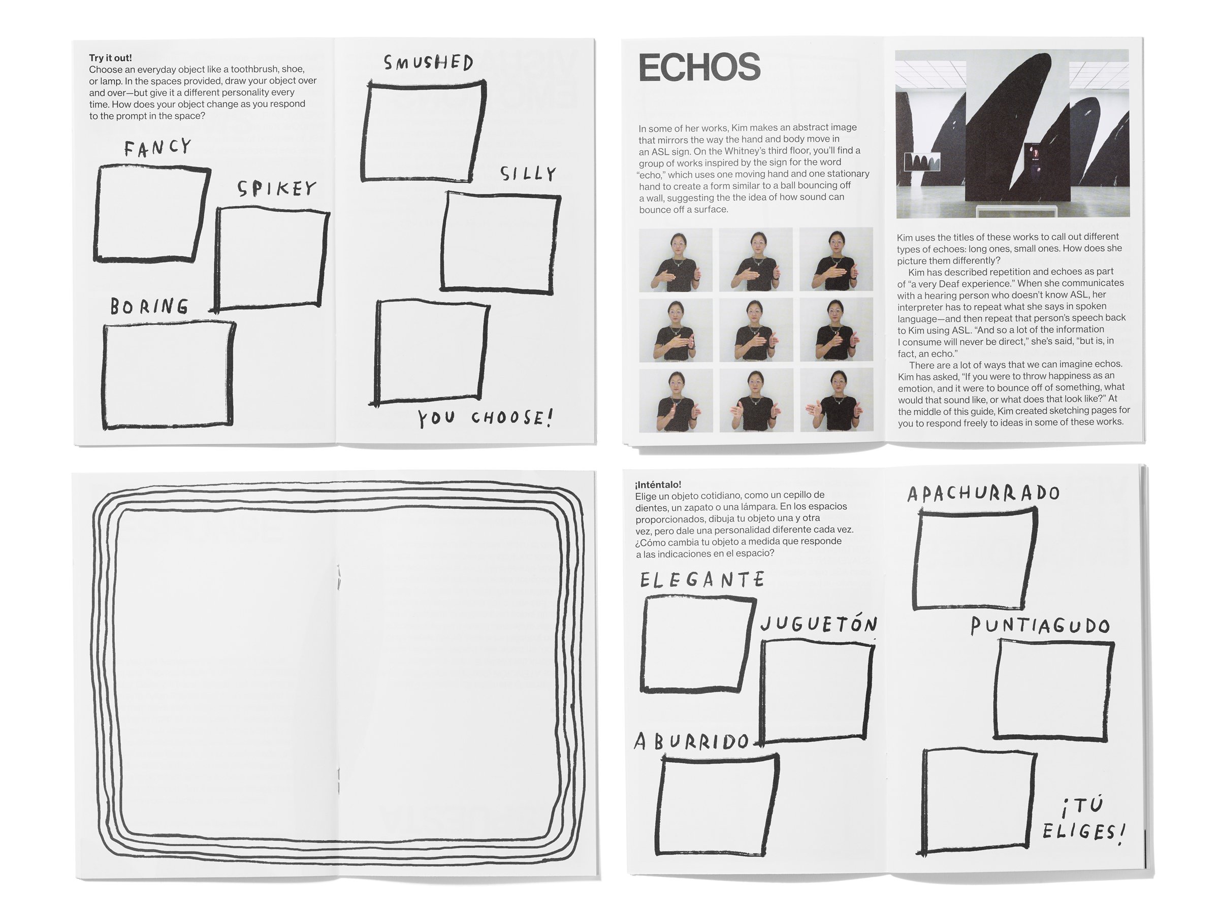  4 of 13   
Christine Sun Kim Bilingual Activity Guide Interior Pages, 2025. Drawings and Lettering by Christine Sun Kim. Photograph by Jens Mortensen.