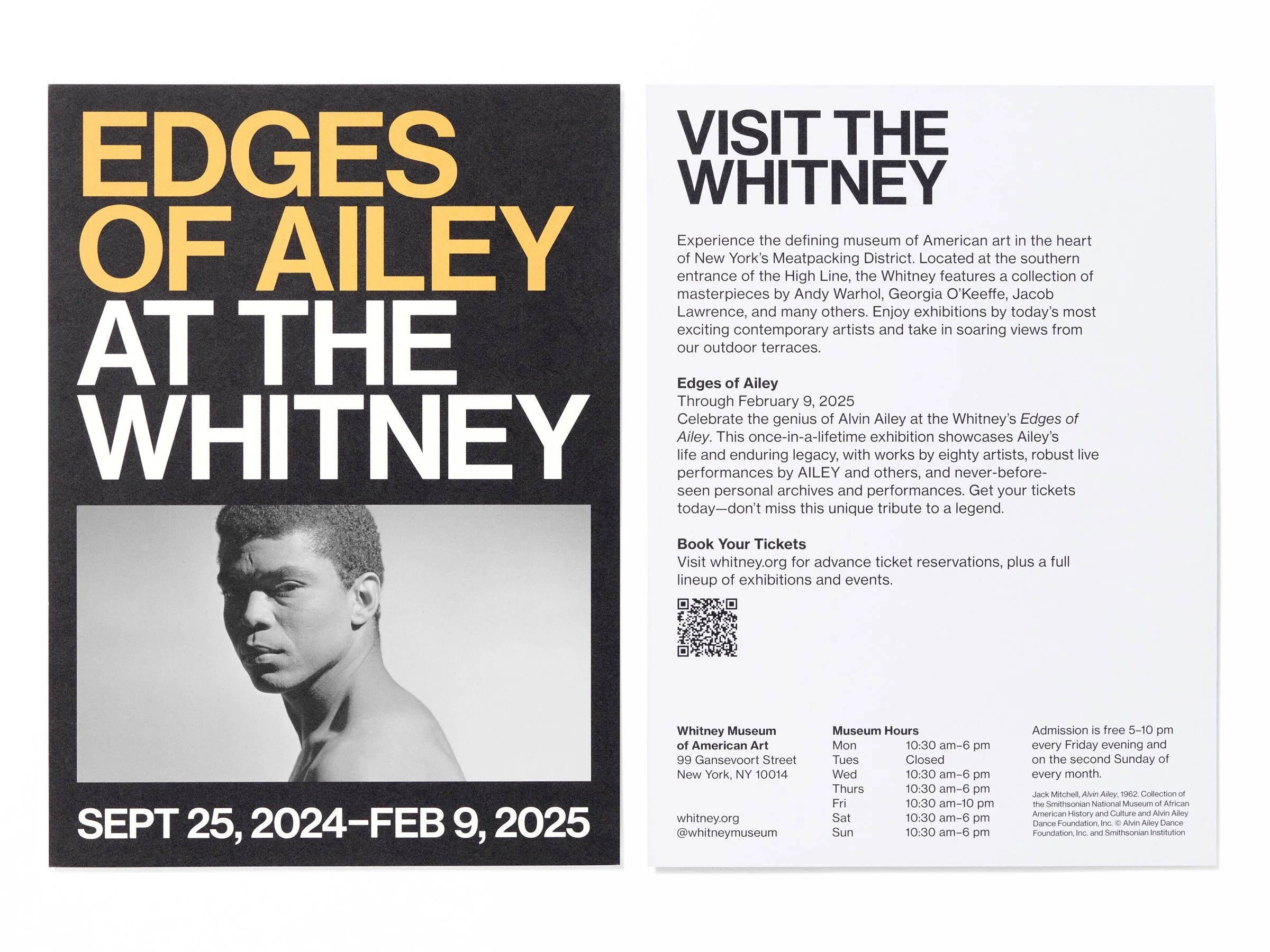  9 of 10   
Alvin Ailey Promotional Postcard, 2024. With Vada Ortiz. Photograph by Jens Mortensen. Photograph of Alvin Ailey by Jack Mitchell. 🏆 New York Design Awards Winner.