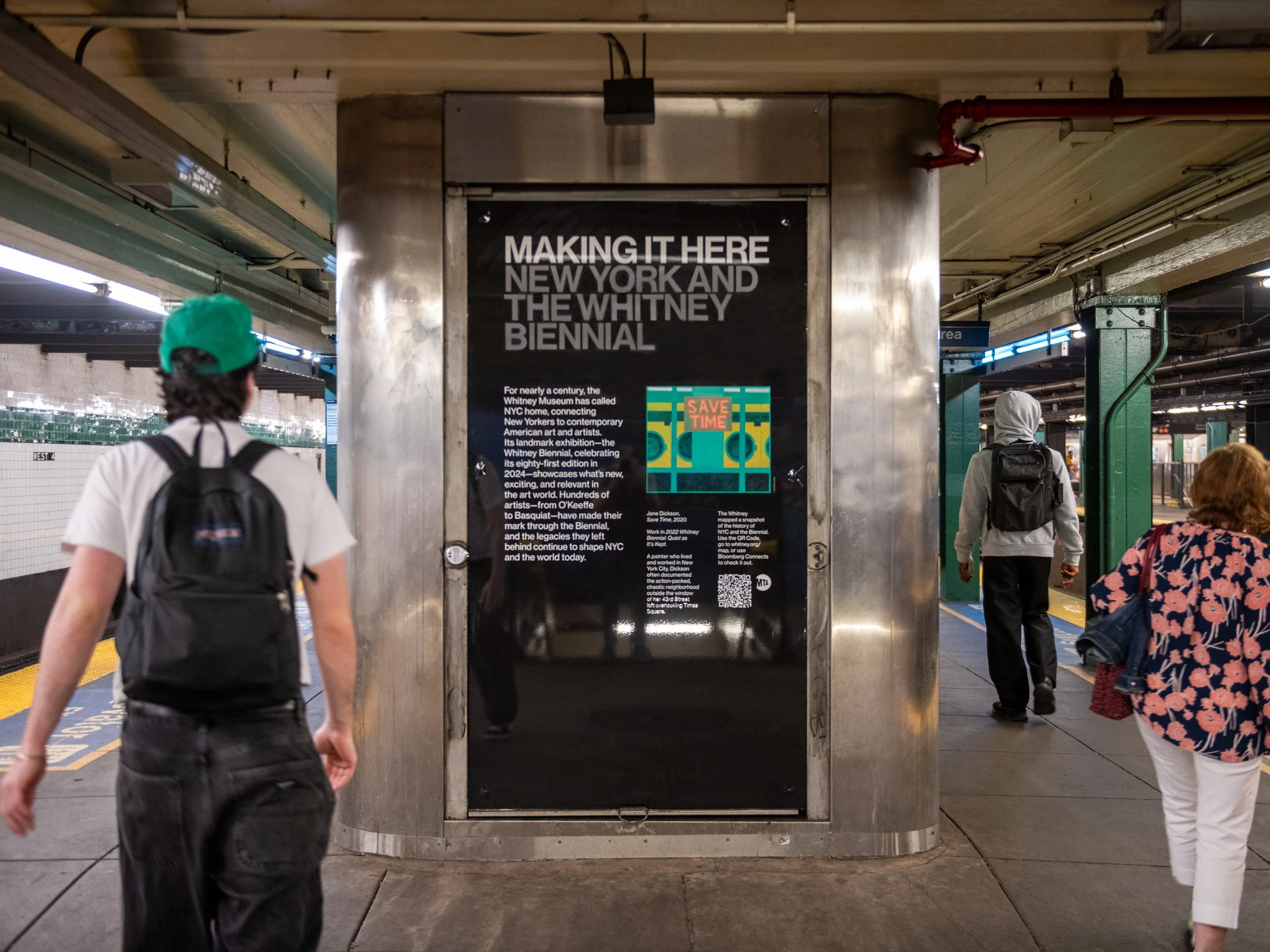  15 of 27   
 Making it Here: New York and the Whitney Biennial  Activation of Vacant MTA Retail Spaces, 2024. Installation at West 4th Street station featuring work by Jane Dickson. Photograph by Timothy Schenck.