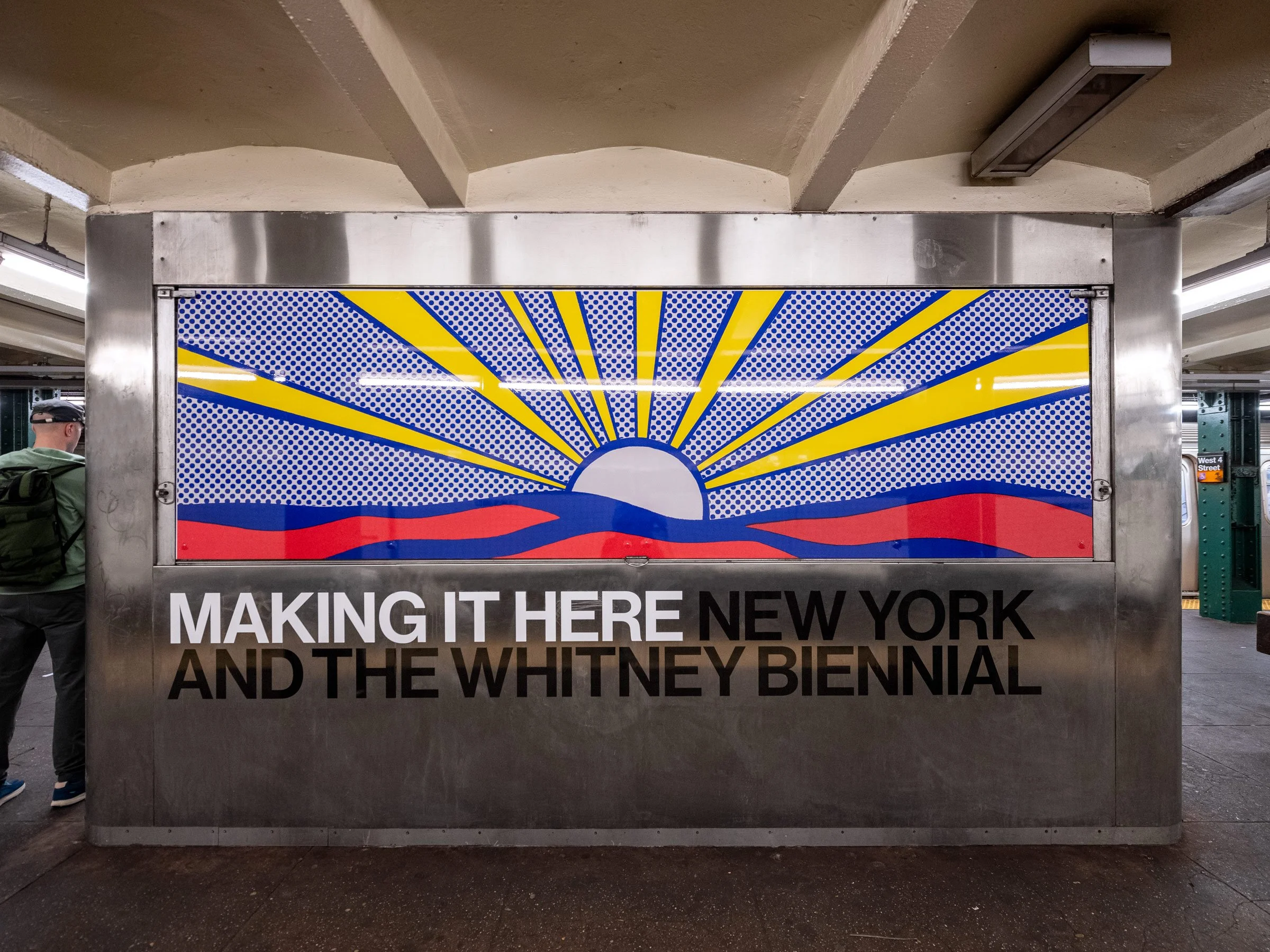  16 of 27   
 Making it Here: New York and the Whitney Biennial  Activation of Vacant MTA Retail Spaces, 2024. Installation at West 4th Street  station featuring work by Jane Dickson. Photograph by Timothy Schenck.