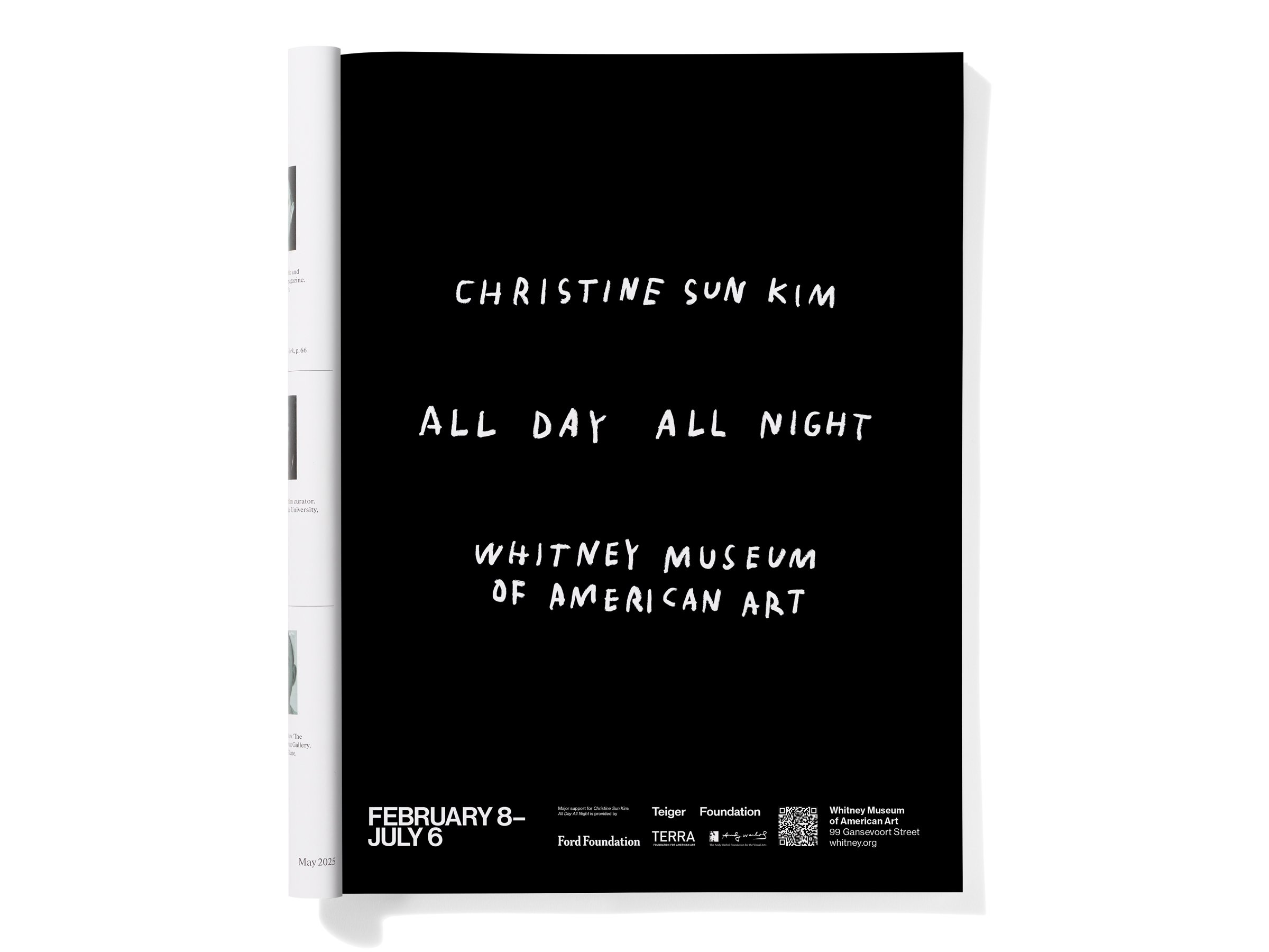  5 of 27   
 Christine Sun Kim: All Day All Night  Print Advertisement, 2025. Photograph by Jens Mortensen. Lettering by Christine Sun Kim.