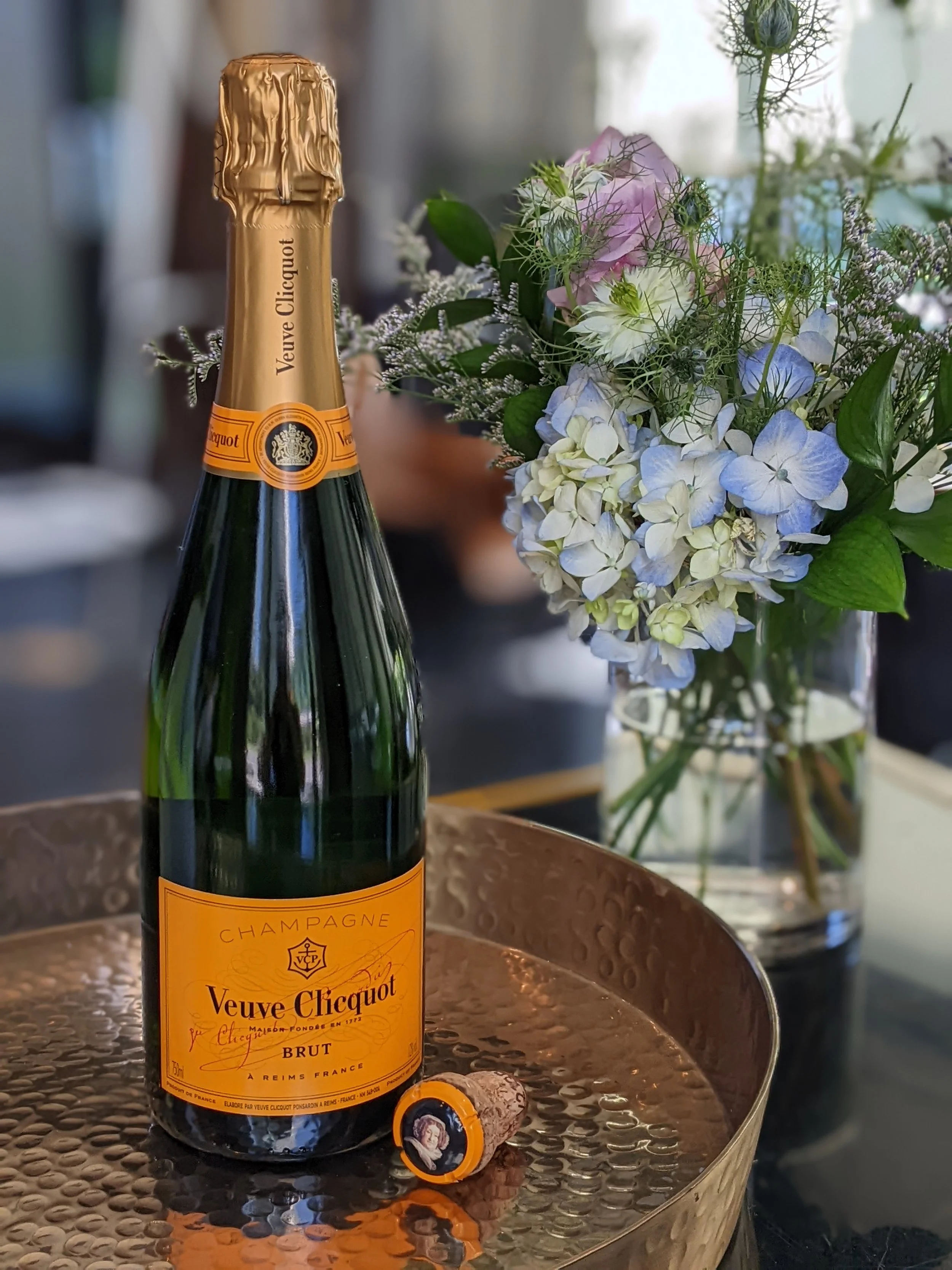 Veuve Cliquot champagne bottle at a private wine tasting event