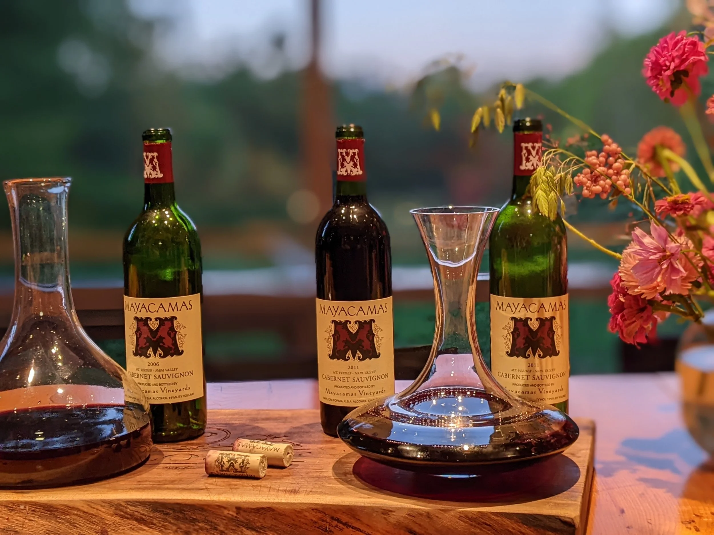 Mayacamas red wine in decanters at a private wine tasting event