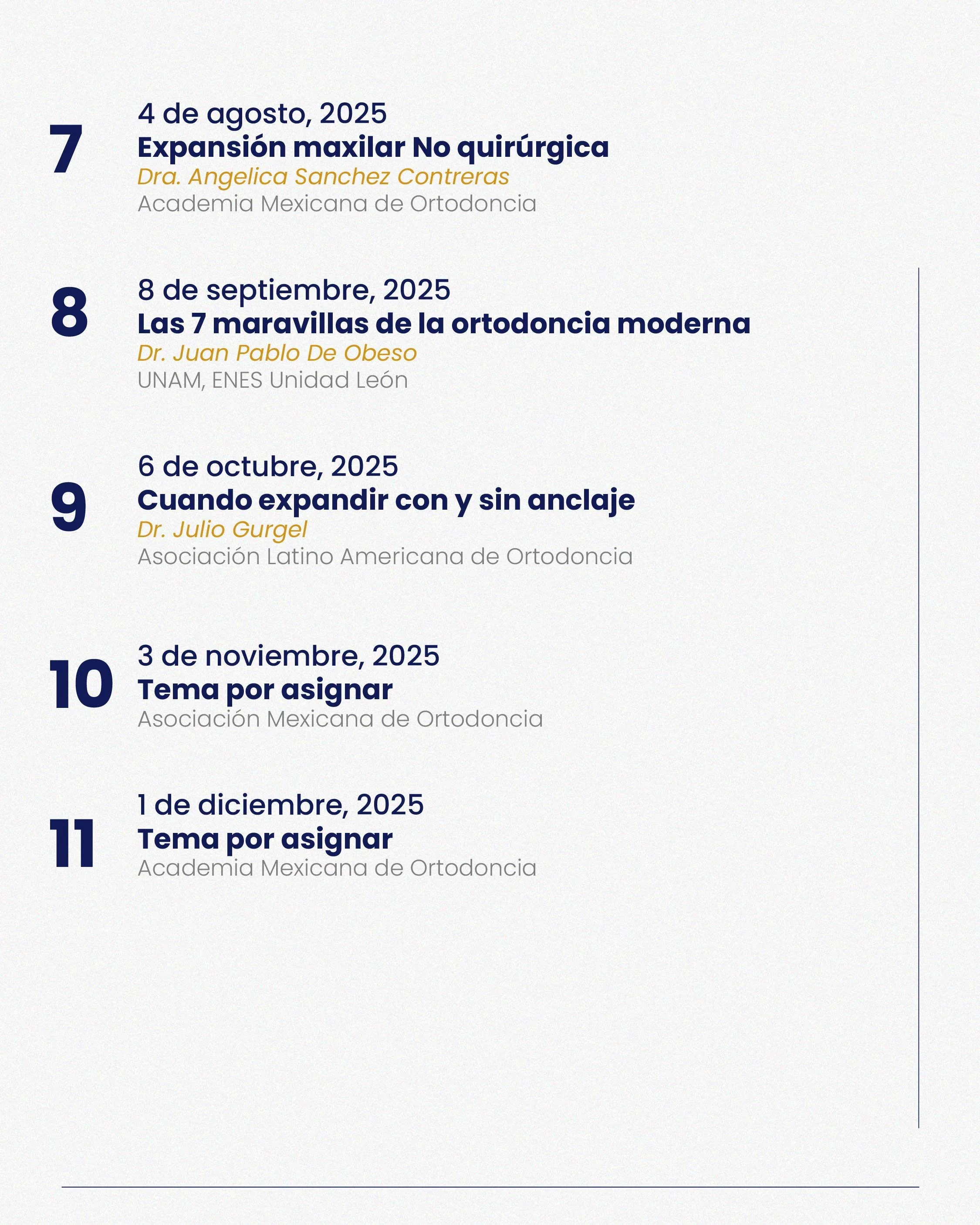 Calendario de eventos de ortodoncia en 2025 con fechas, temas y ponentes en español